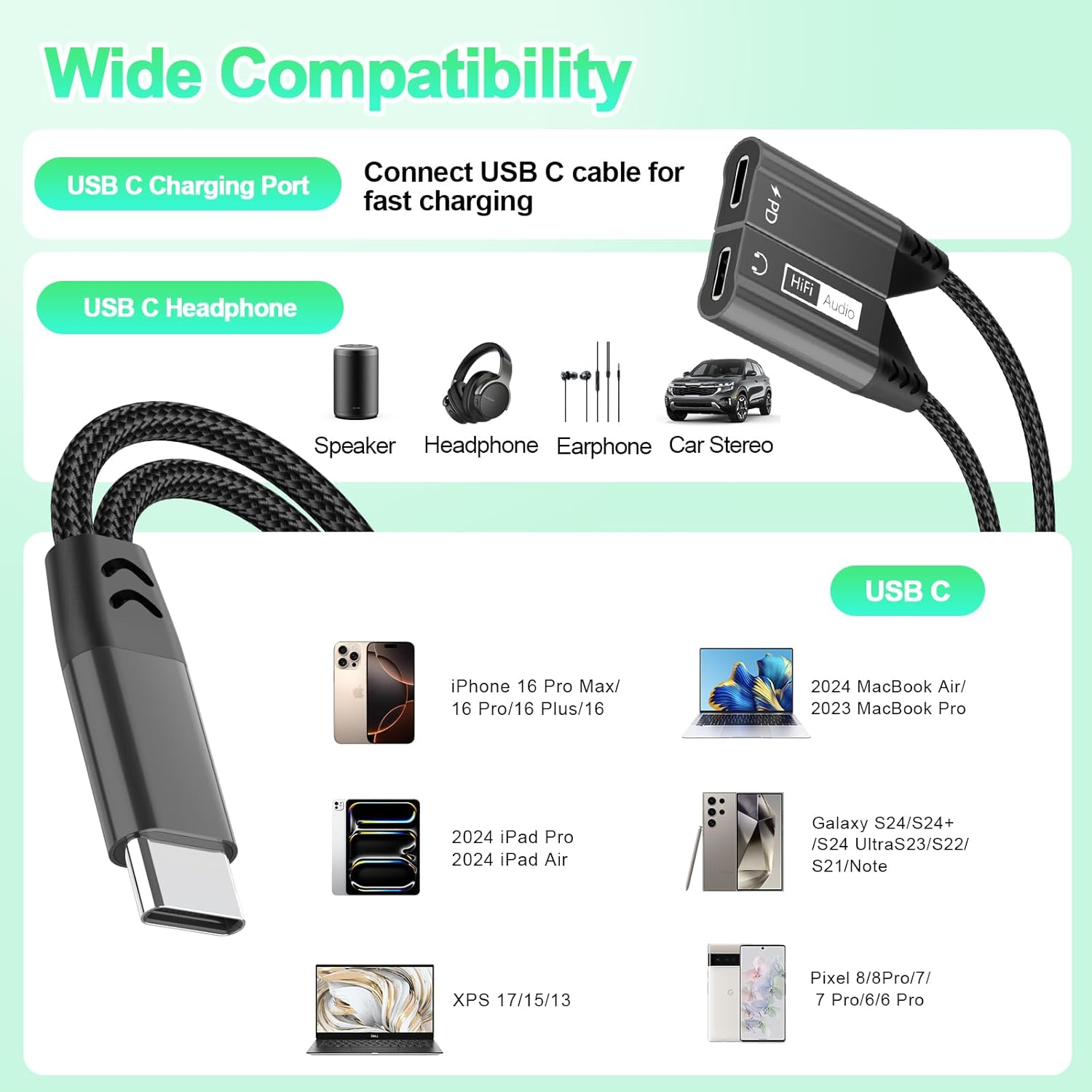Magnetic USB C to Dual USB C Headphone Jack and Charger Adapter, 2-In-1 USBC Splitter with PD 60W Fast Charging, Type C Aux Audio Jack Adapter Compatible with Iphone 16 15 Pro Max/Ipad/Samsung image number 5
