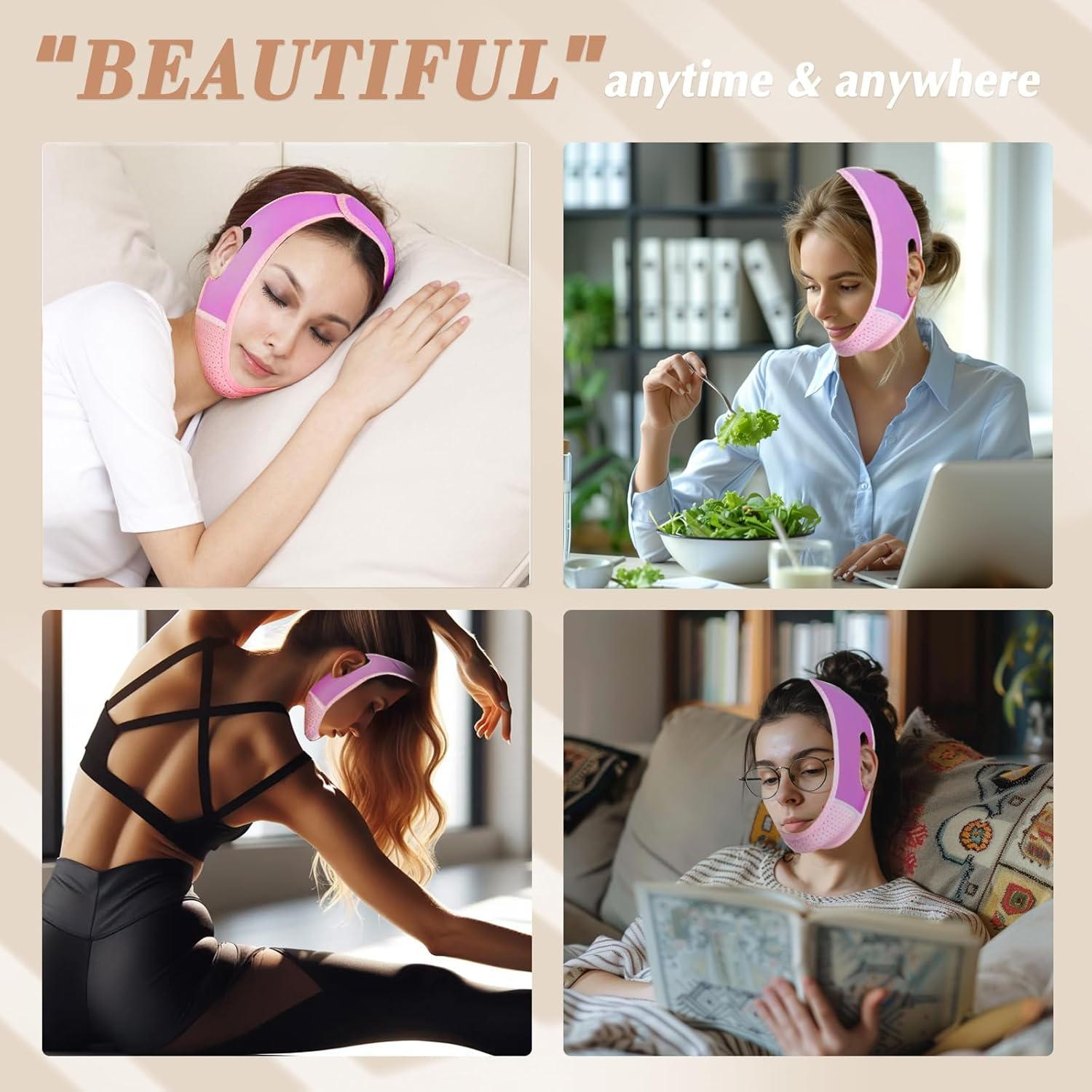 Reusable V Line Lifting Mask with Chin Strap, V Shaped Face Mask for Sagging, Jaw Exerciser (Pink and Purple)