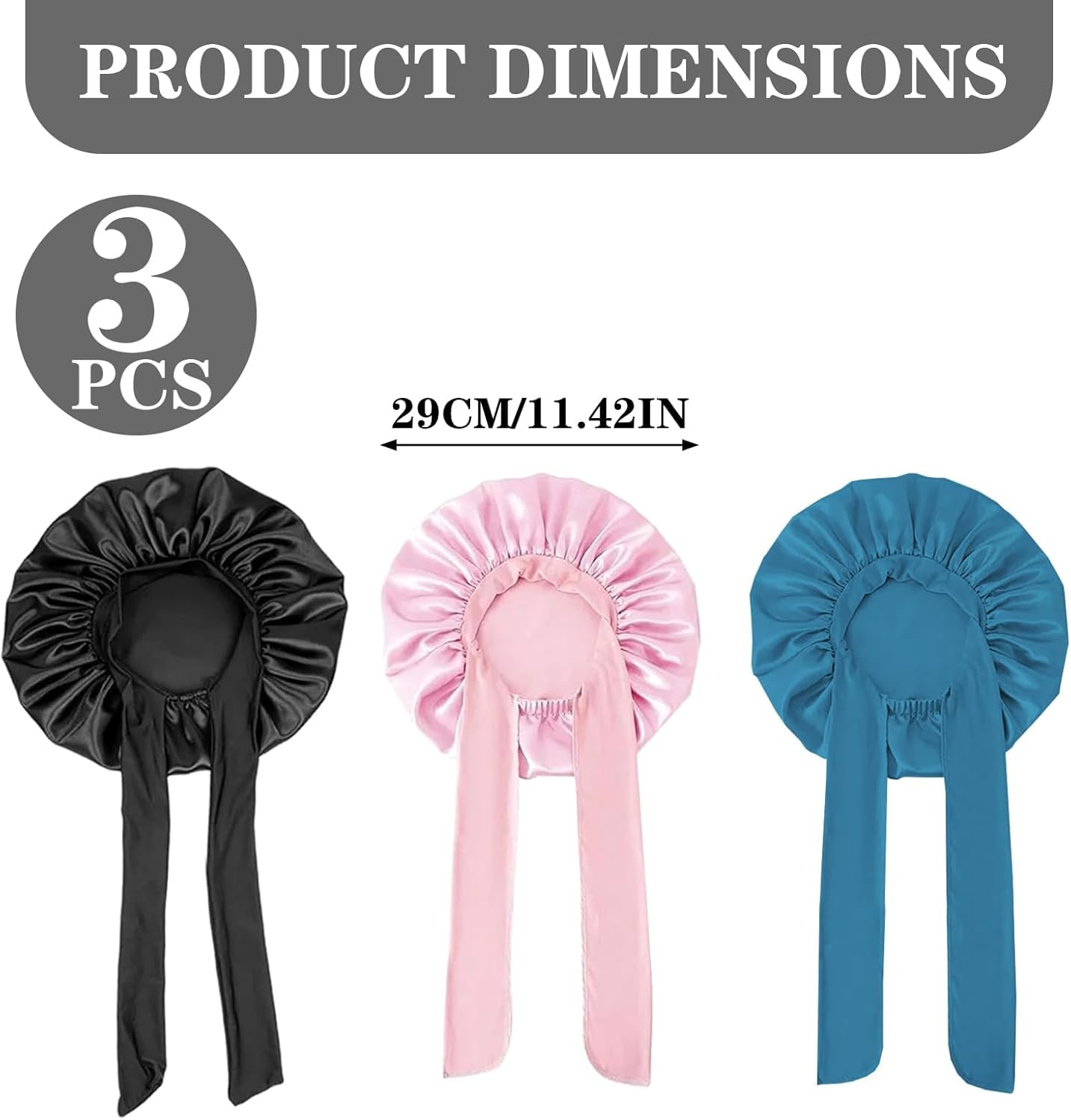 3 Pack Kids Satin Bonnet for Sleeping Baby Hair Bonnets for Curly Hair Girls Boys, Silk like Sleep Cap with Wide Elastic Band, Toddler to Teen Pink, Black, Light Blue image number 4