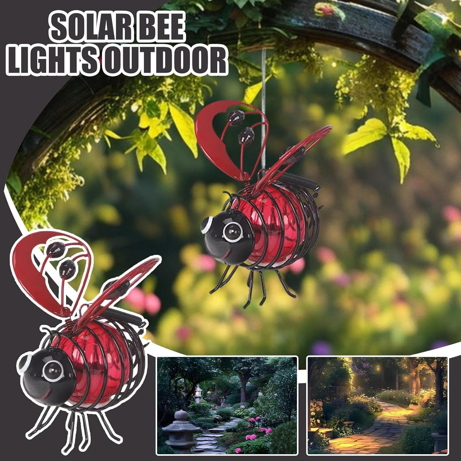 Solar Garden Lights, Honey Bee Fairy Lights, Solar Bee Lights Outdoor, Animal Solar Garden Lights with Spring and Hook, Hanging Solar Lights, Metal Led Lighting for Garden Terraces Lawns