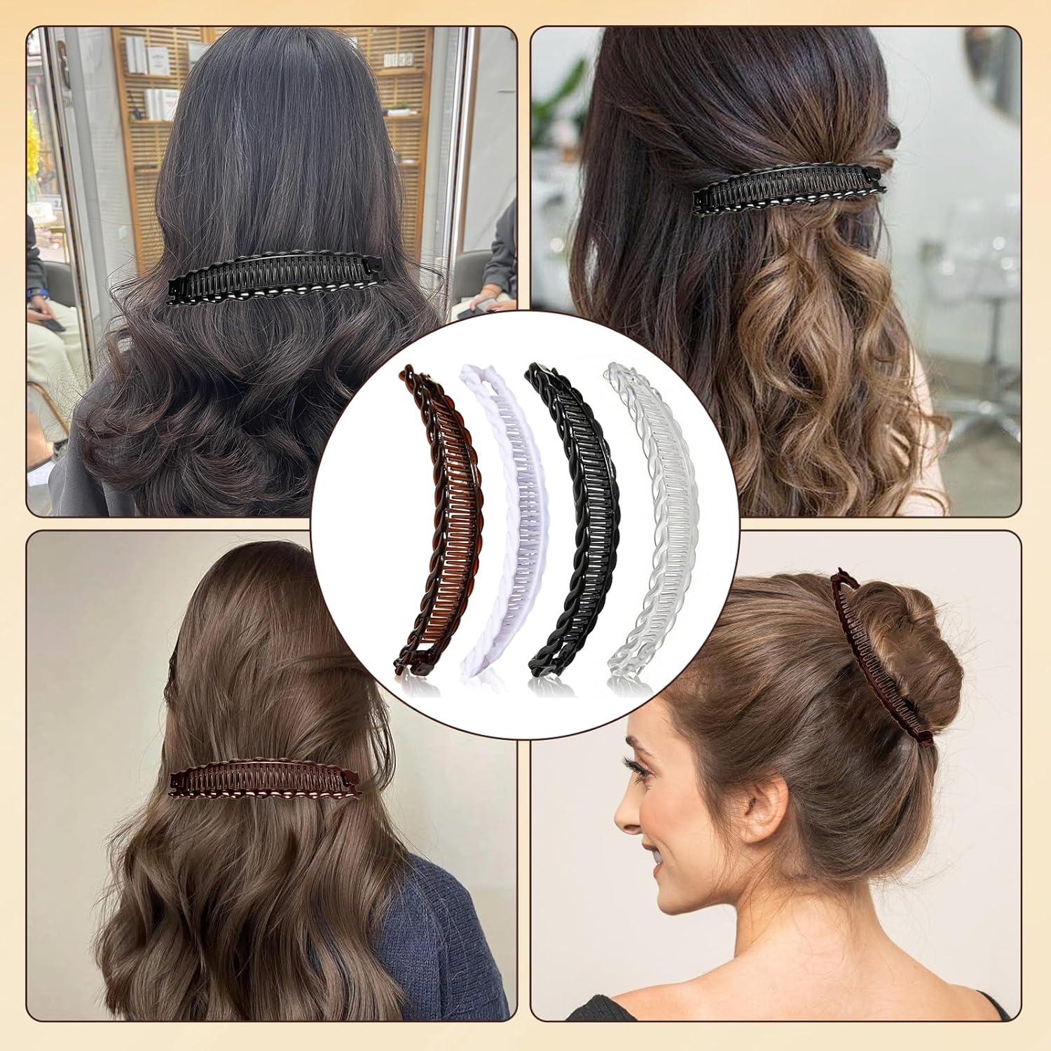 Set of 4 Banana Hair Clips, Banana Hair Clips for Women, Banana Clip Hair for Long Hair, Banana Clip Hair with Stable Hold, Women'S Hair Clips, Black, Brown, White and Transparent image number 5