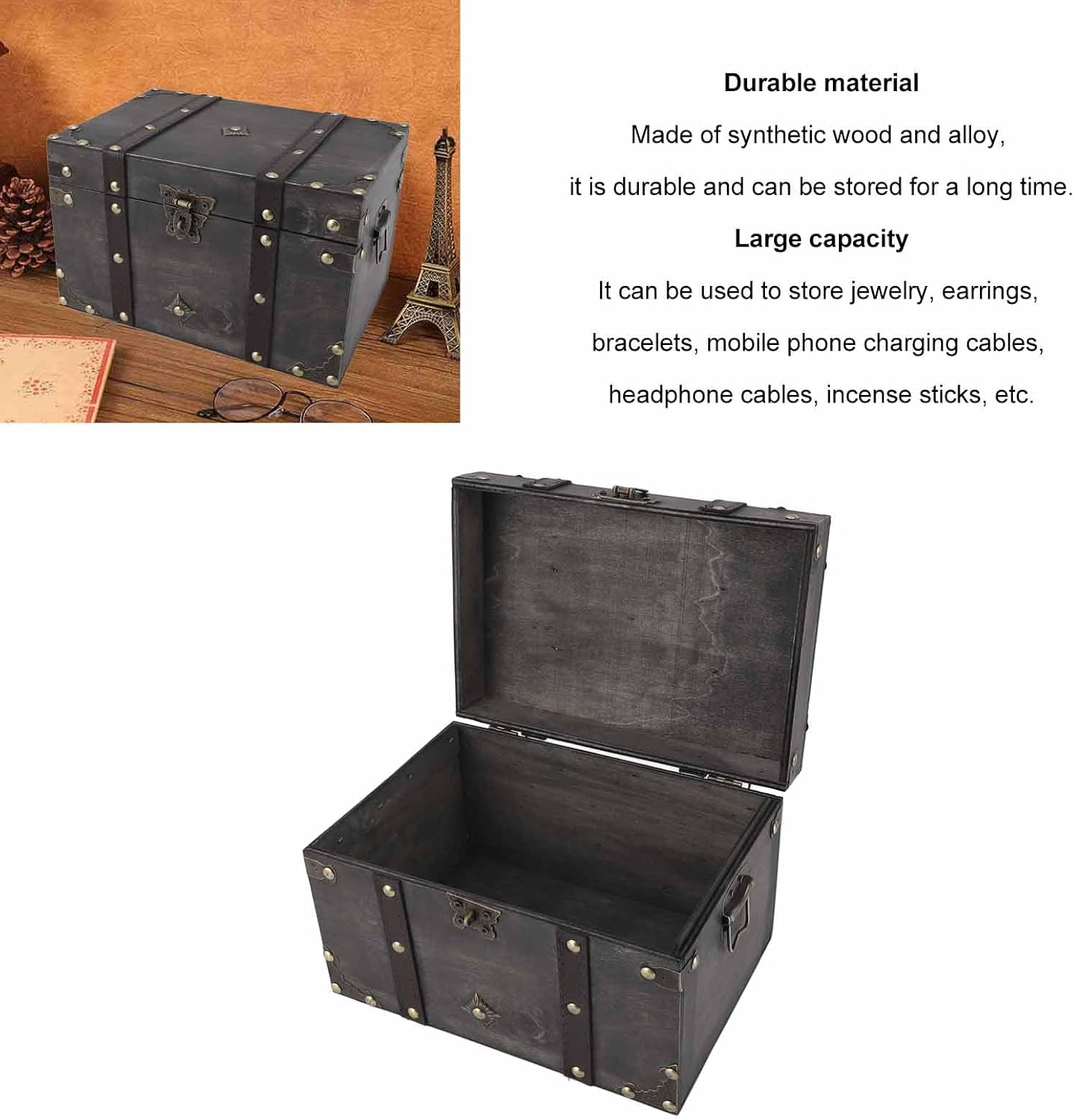 Vintage Wooden Boxes with Lock - Pirate Treasure Chest with Iron Code Lock - Wooden Storage and Decorative Box Treasure Jewelry Chest - Small Wood Box with Lid (Red Coded Lock) image number 2