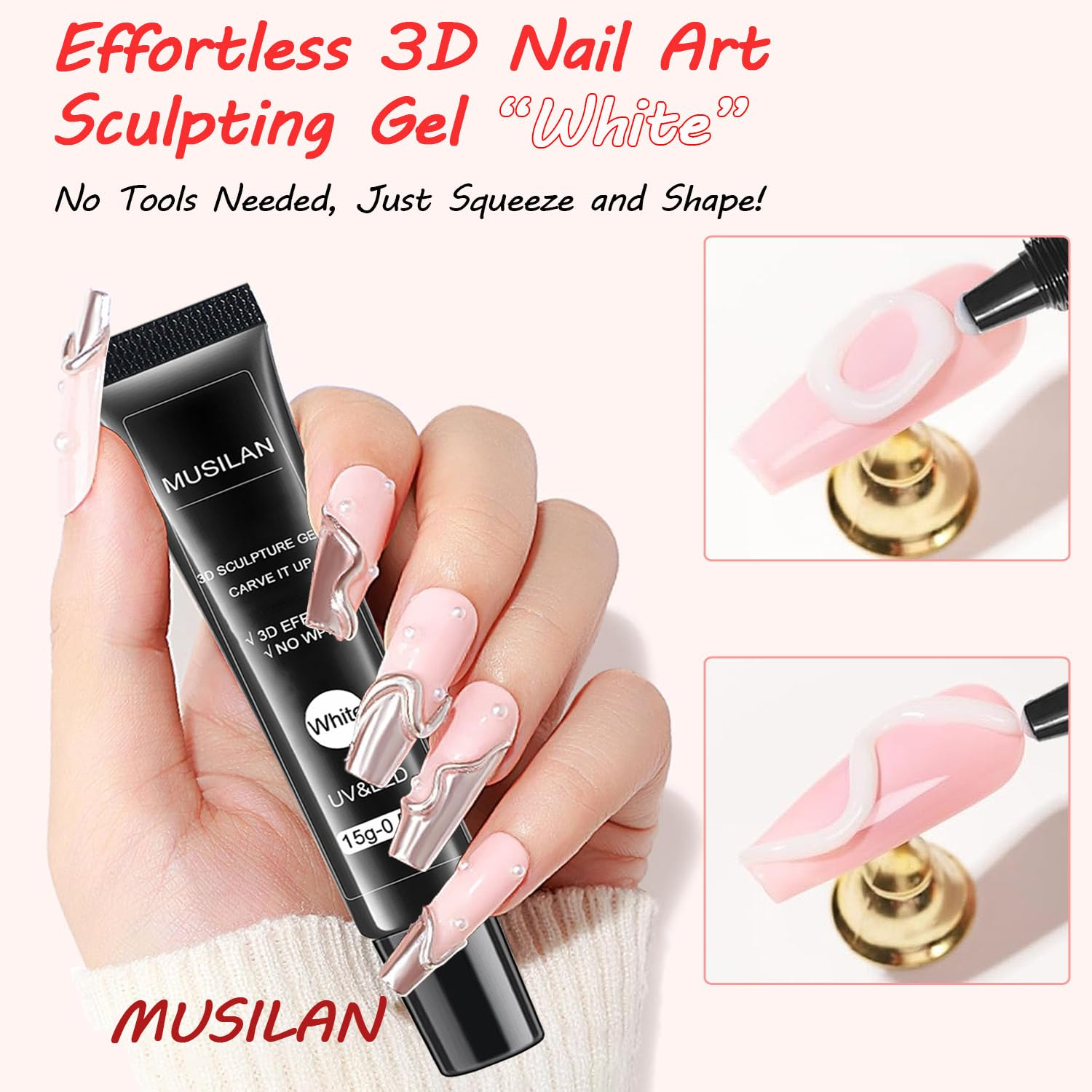 MUSILAN 3D Nail Art Sculpting Gel Glue for Nails Tips,Molding, Drawing, Nail Charms & Gems, Chrome Powder and Rhinestone Design No Wipe,Uv Curing Needed Salon & DIY Use (White Sculpting Gel) image number 6