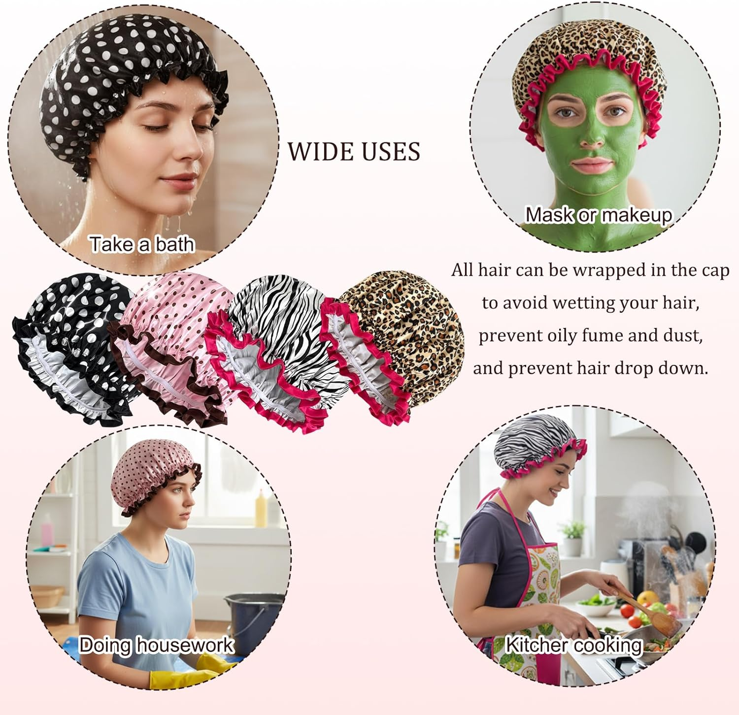 Shower Cap, 4 Pack Double Layer Shower Caps for Women, Leopard Print/Zebra/Pink Polka Dots/Black Polka Dots, Waterproof Bathing Hat for Showering, Spa, Travel and Home Use image number 5