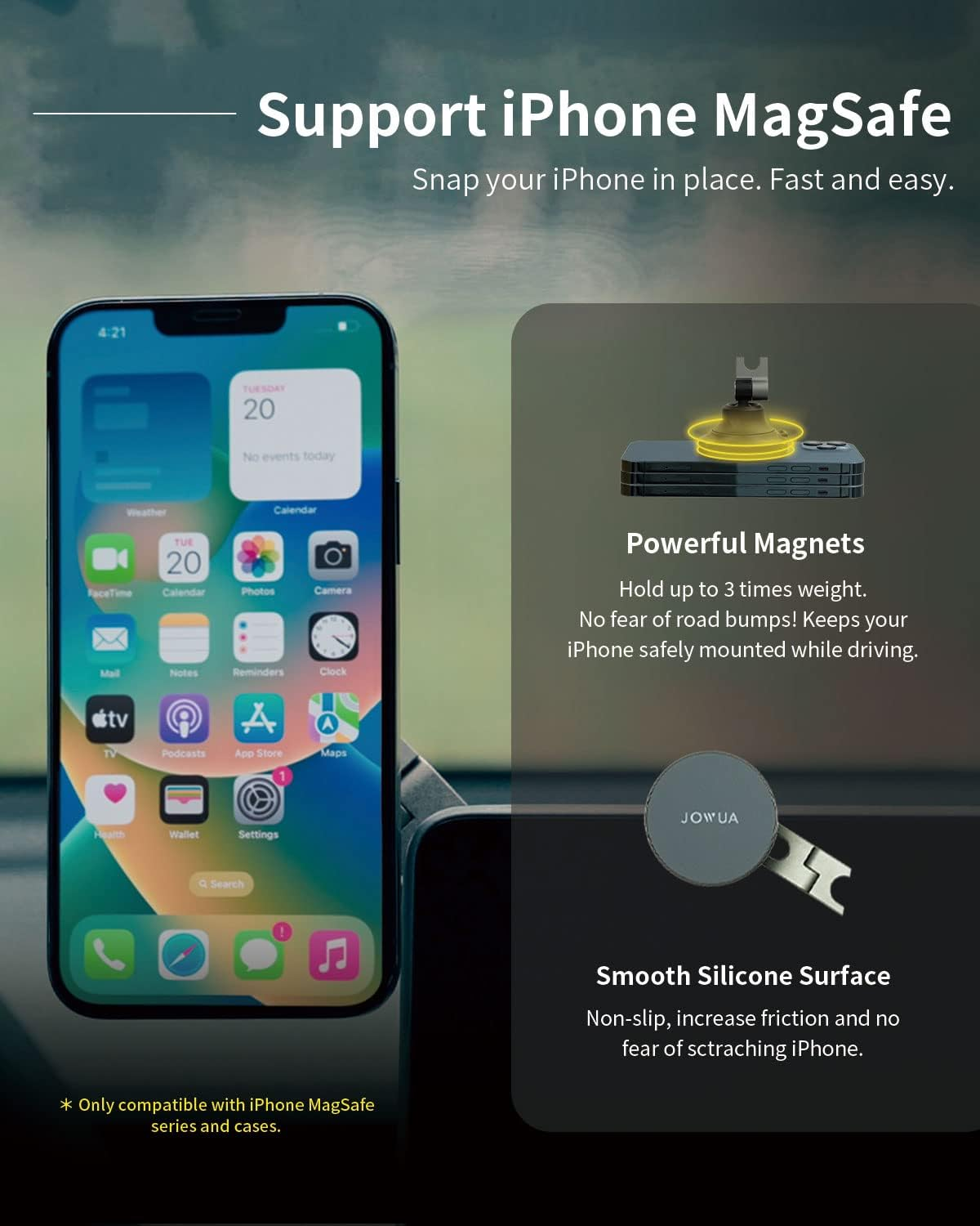 Jowua 6D Invisible Foldaway Car Mount Compatible with Magsafe Compatible with Tesla Model 3/ Y, Model S/X Plaid with Wireless Charging (None-Charging) image number 3