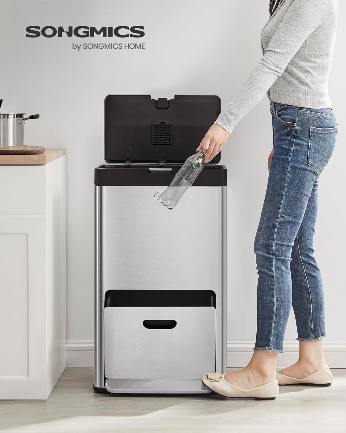 SONGMICS Kitchen Bin, 2 X 17L and 26L Volumes, 3-Compartment Bin for General Waste, Food Waste, and Recycling, Carbon Filter, Wide Pedal, Silver LTB550E60 image number 3