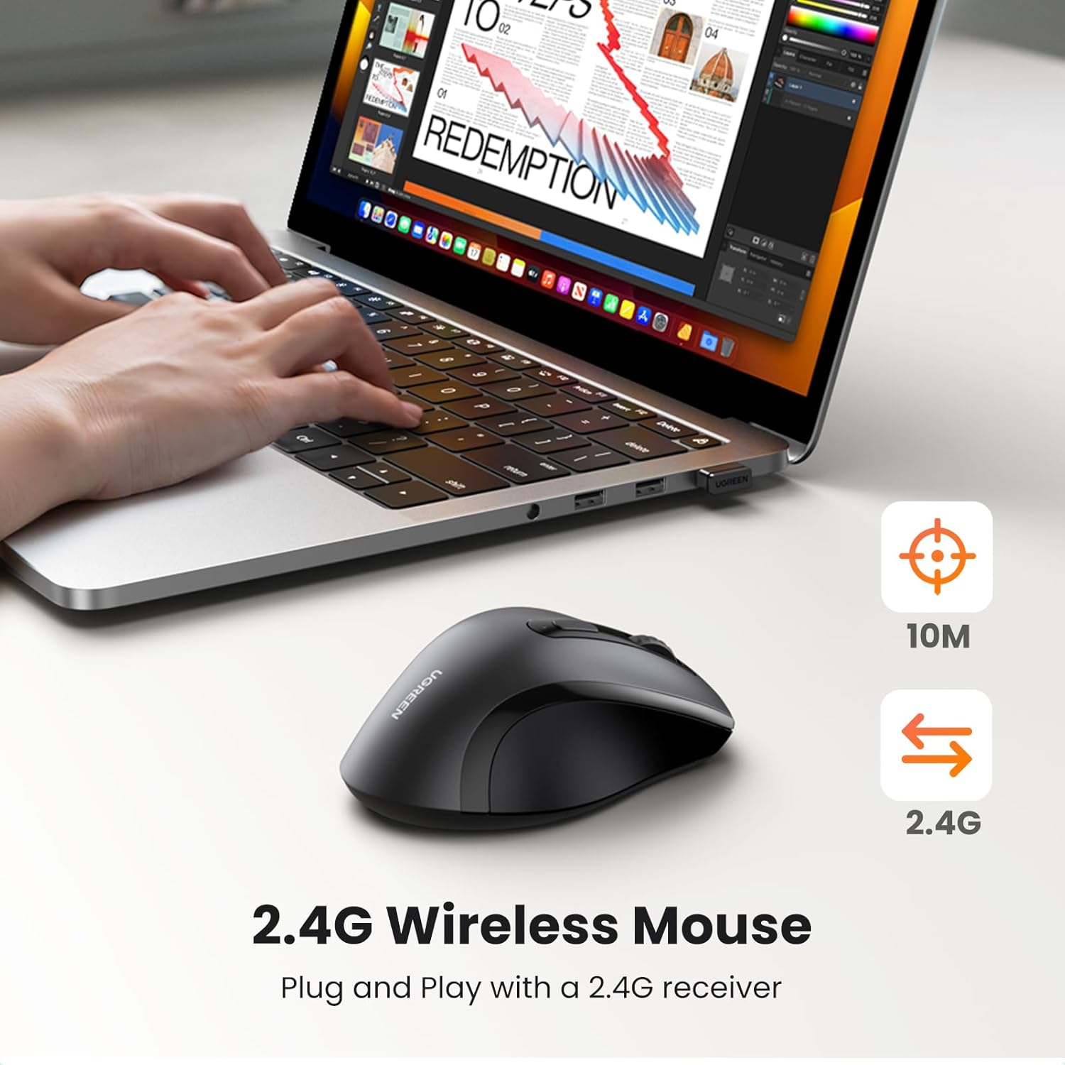 UGREEN Wireless Ergonomic Mouse, 2.4G USB, 1600 DPI Optical Tracking, Silent Mice, &le;40Db, 12-Month Battery Life for Laptop, Macbook, Chromebook image number 4