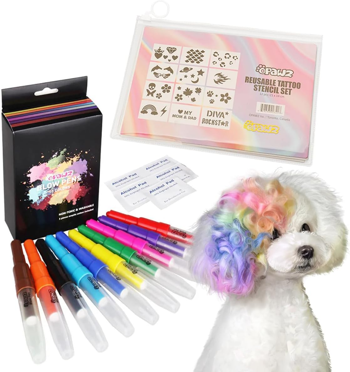 OPAWZ Blow Pen 10 Colors with Tattoo Stencil 24Pcs Suit, Temporary Color Dog Hair Dye, Non-Toxic and Washable, Semi Permanent for Dogs and Cats Grooming image number 1