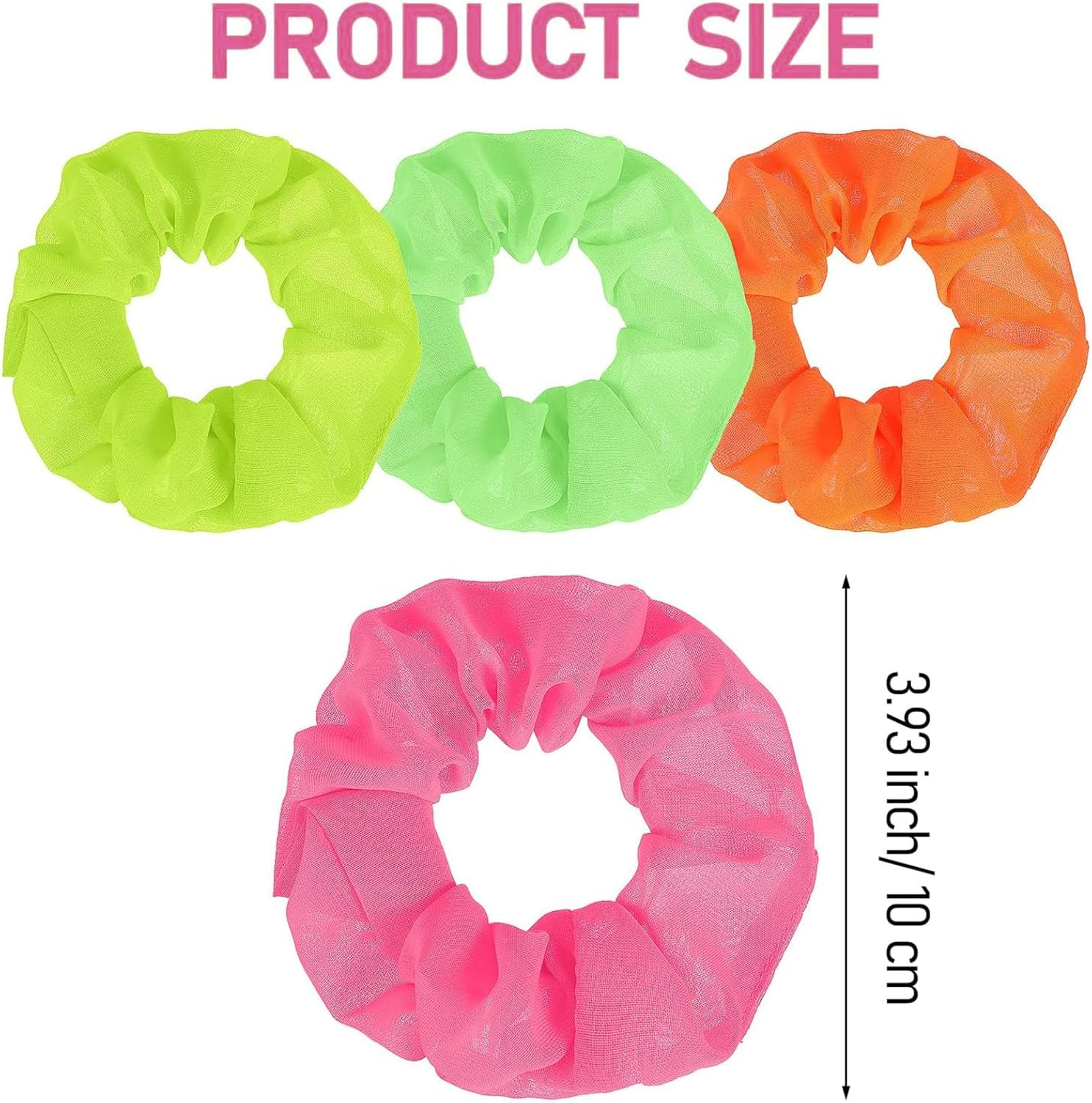 Tavvke 4 Pcs Neon Scrunchies, 80S-Inspired Chiffon Hair Ties, Soft Elastic Ponytail Holders, Thick Neon Hair Bands in Solid Colors Ideal for Christmas, Halloween, and Parties, for Women and Girls