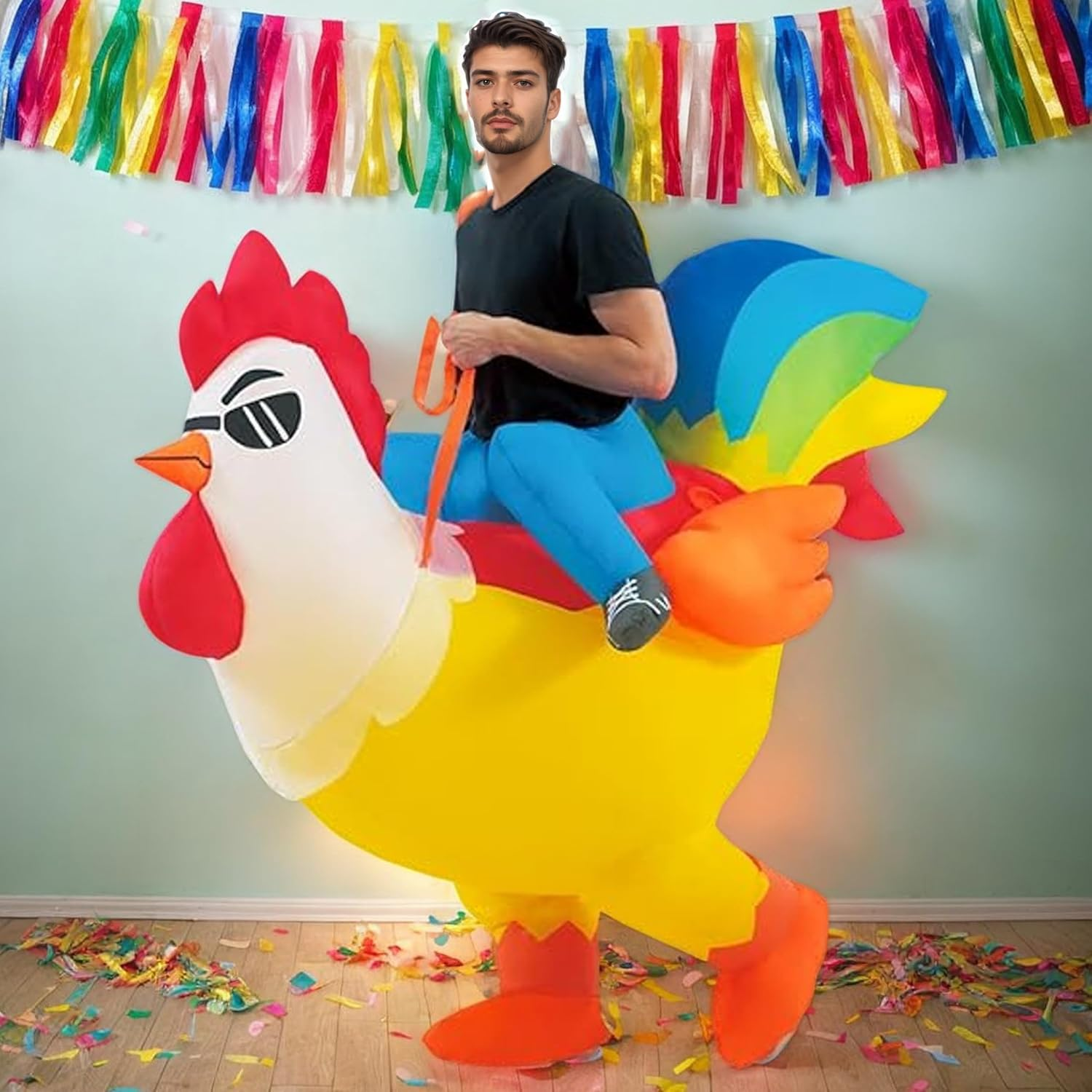 Inflatable Costume, Adult Costume, Ride-On Chicken Funny Costume, Halloween and Christmas for Men, Women and Kids, Rooster (Yellow, Adult) image number 1