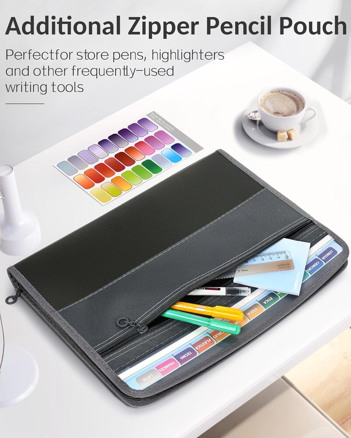 Sooez Expanding File Folder with Sticky Labels, 13 Pocket Accordion Document Organizer Fabric/Poly Expanding Zip File with Zipper Closure Front Pocket，Letter A4 Paper Document Accordion Folder, Blue image number 2