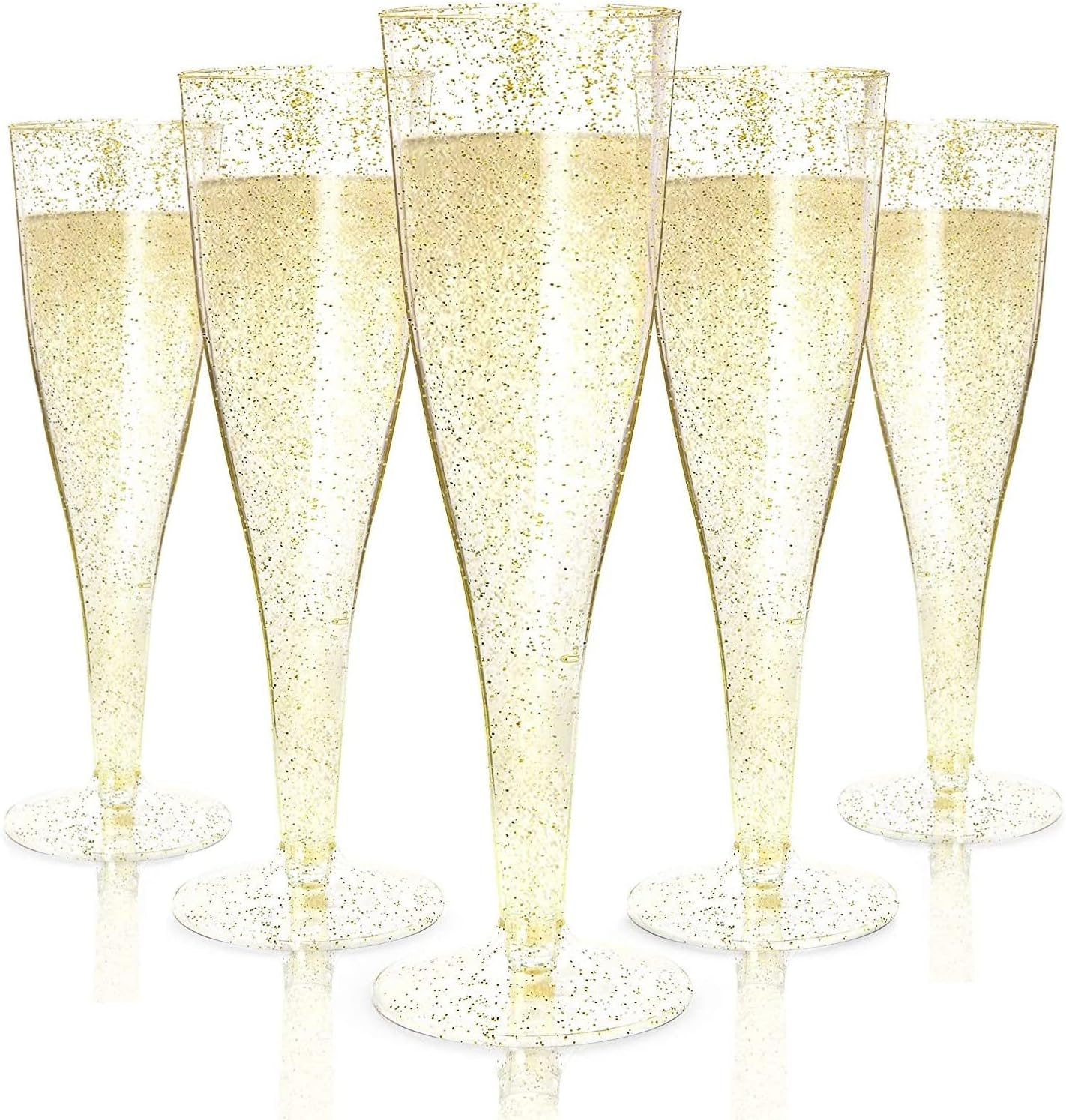 LATERN 60Pcs Plastic Champagne Flutes, 150Ml Gold Glitter Champagne Glasses Reusable Stemmed Party Wine Cups for Garden Wedding Anniversary Shower Parties (5 X 17Cm)