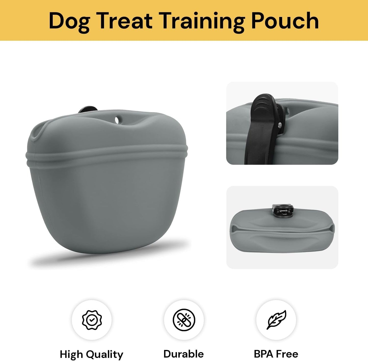 EZONEDEAL Silicone Dog Treat Pouch, Puppy Training Pouch, Clip on Portable Training Container, Small Training Bag-Portable Dog Treat Bag for Leash with Magnetic Closure Buckle Closing and Waist Clip (Grey)
