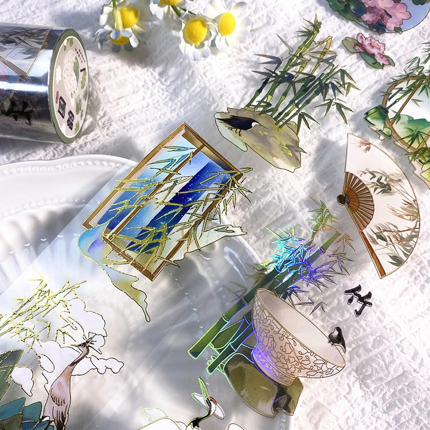 Vintage Floral Tapes,Craft Tape,Handbook Decoration Sticker, Handbook Tape with Plant Decoration Stamping Crafts,Diy Gift Wrapping Crafts for Scrapbooking Supplies Party Decorations Books (Bamboo) - Blue Peony image number 3