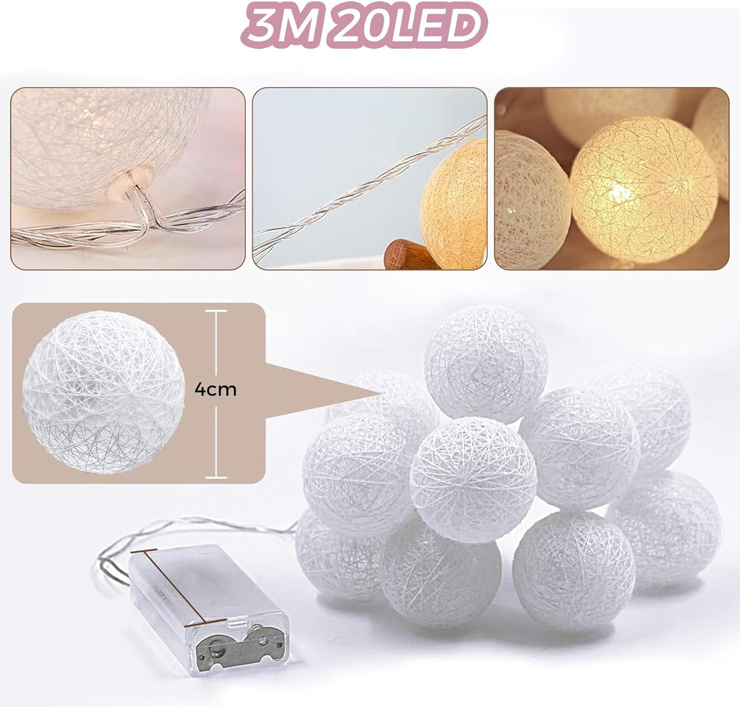 Cotton Balls Fairy Lights Battery, 3 M, 20 LED Fairy Lights, Cotton Balls, 4 Cm Cotton Balls Fairy Lights, Indoor and Outdoor, Warm White Fairy Lights, Battery Operated for Christmas, Children'S Room image number 1