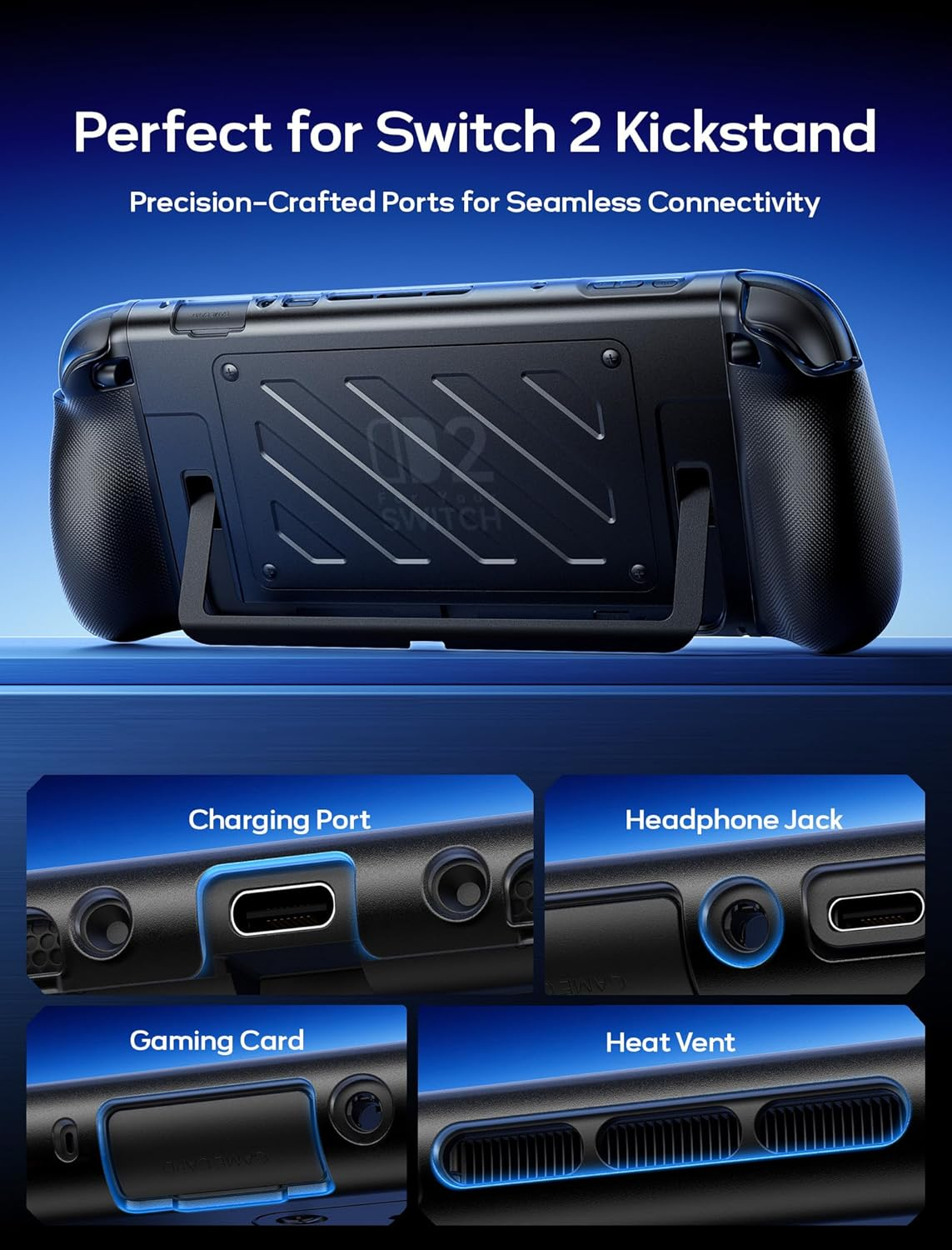 JSAUX Separate Protective Case for Switch 2 | TPU Middle Frame & PC Face Cover | Non-Slip Ergonomic Grip | Holds 10 Game Cards | Stand Compatible | Shock Absorption & Scratch Prevention, Black PC0114 image number 6