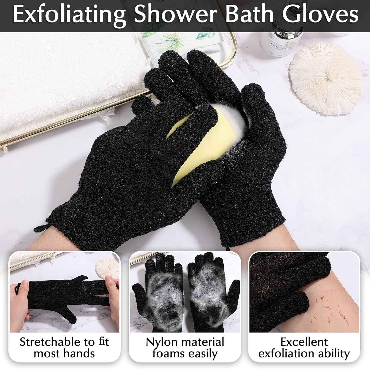 Anezus Exfoliating Back Scrubber Bath Gloves Set, Exfoliating Shower Towel with Shower Gloves for Body Scrub, Back Cleaner Wash Gloves to Remove Dead Skin (Black) - Beige image number 6