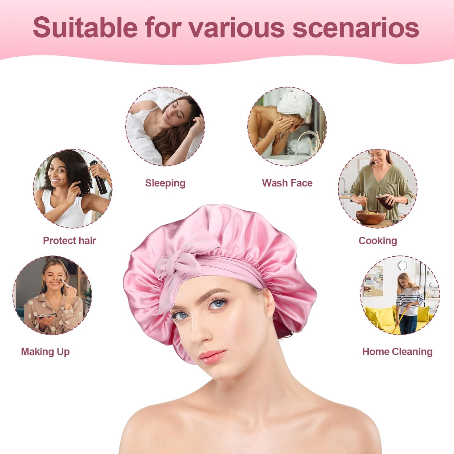 LIQWEI Pack of 2 Satin Hair Caps, Sleep Cap, Satin Adjustable Night Sleep Hat, Hair Cap for the Night, Soft Head Cap, Sleep Cap with Elastic Band for Women and Girls (Black Pink)