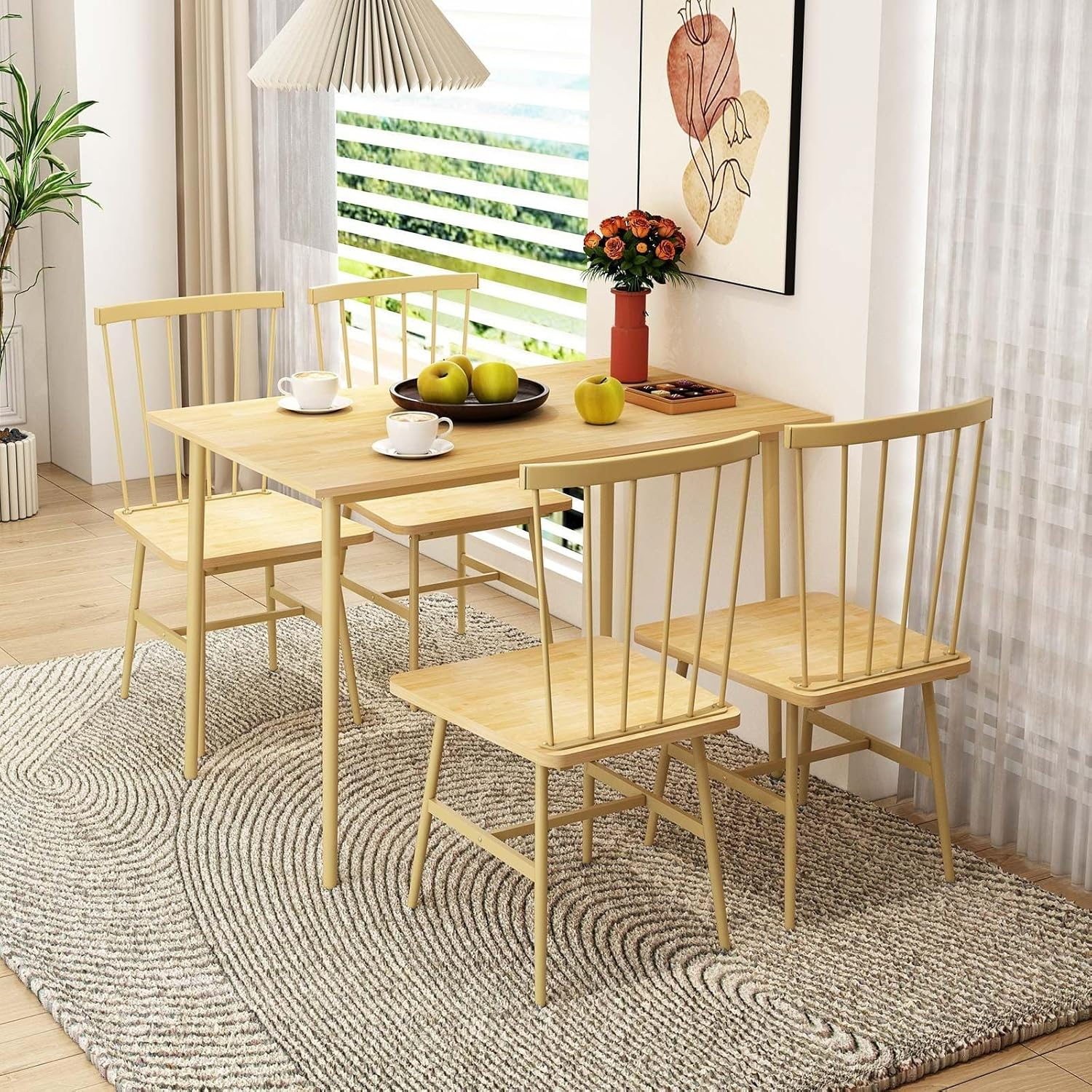 Luxsuite 5Pcs Dining Table & Chairs Set Mid Century Style Wooden Chairs Spindle Back Kitchen Dining Room Chairs Oak image number 4