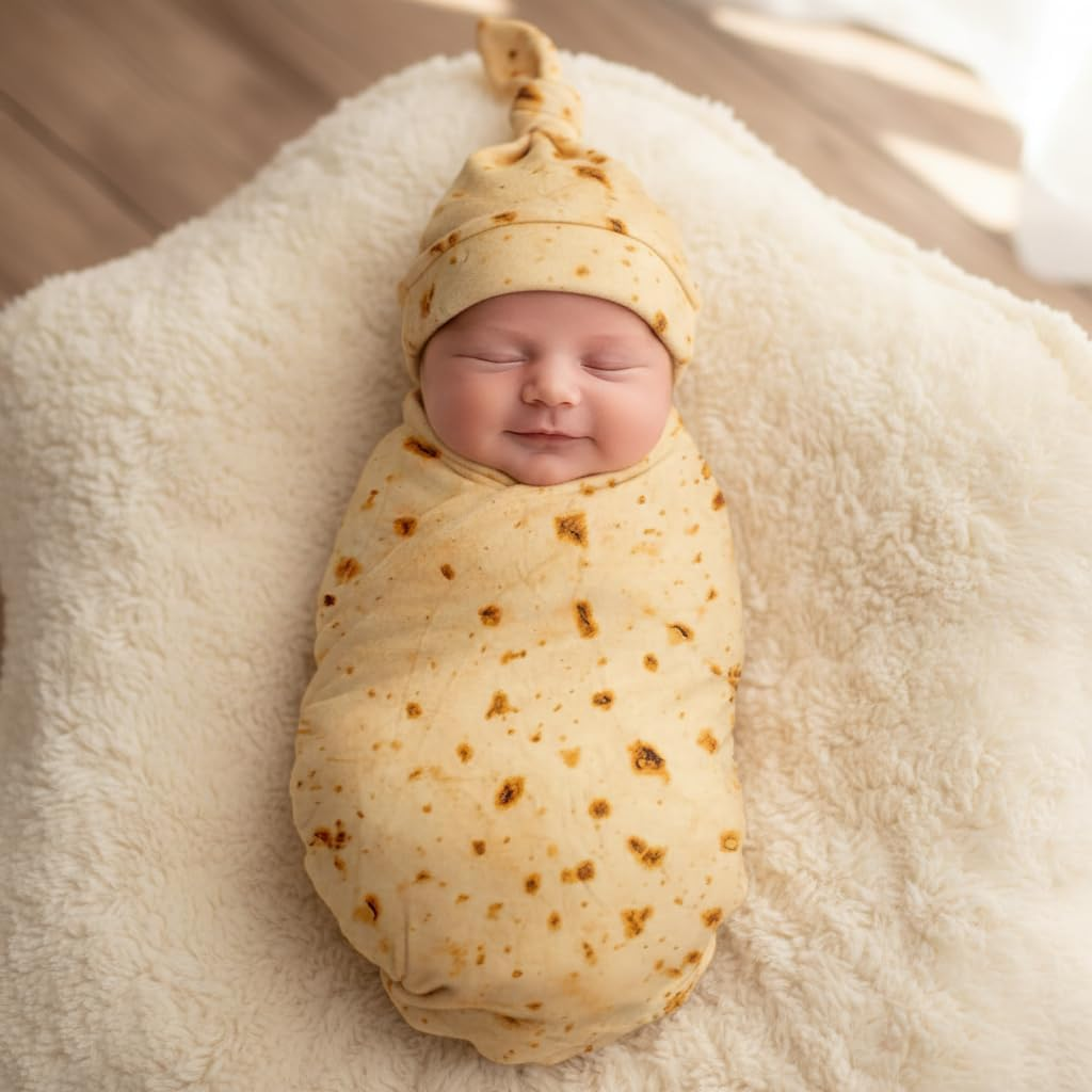 Flannel Burrito Blanket Set for Newborn Baby &ndash; Soft Breathable 86 Cm Lightweight Baby Swaddle Blanket with Realistic Tortilla Print image number 2