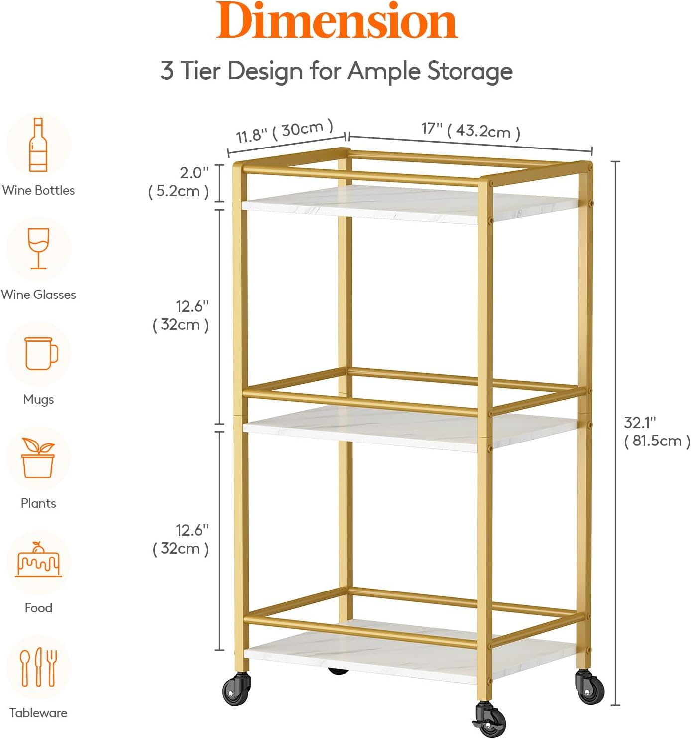 Lifewit Bar Cart for the Home, 3 Tier Small Rolling Wine Cart, Drink Serving Cart with Lockable Wheels, Mini Liquor Utility Cart for Kitchen Dining Living Room, 17" X 11.8" X 32.1", Gold image number 5