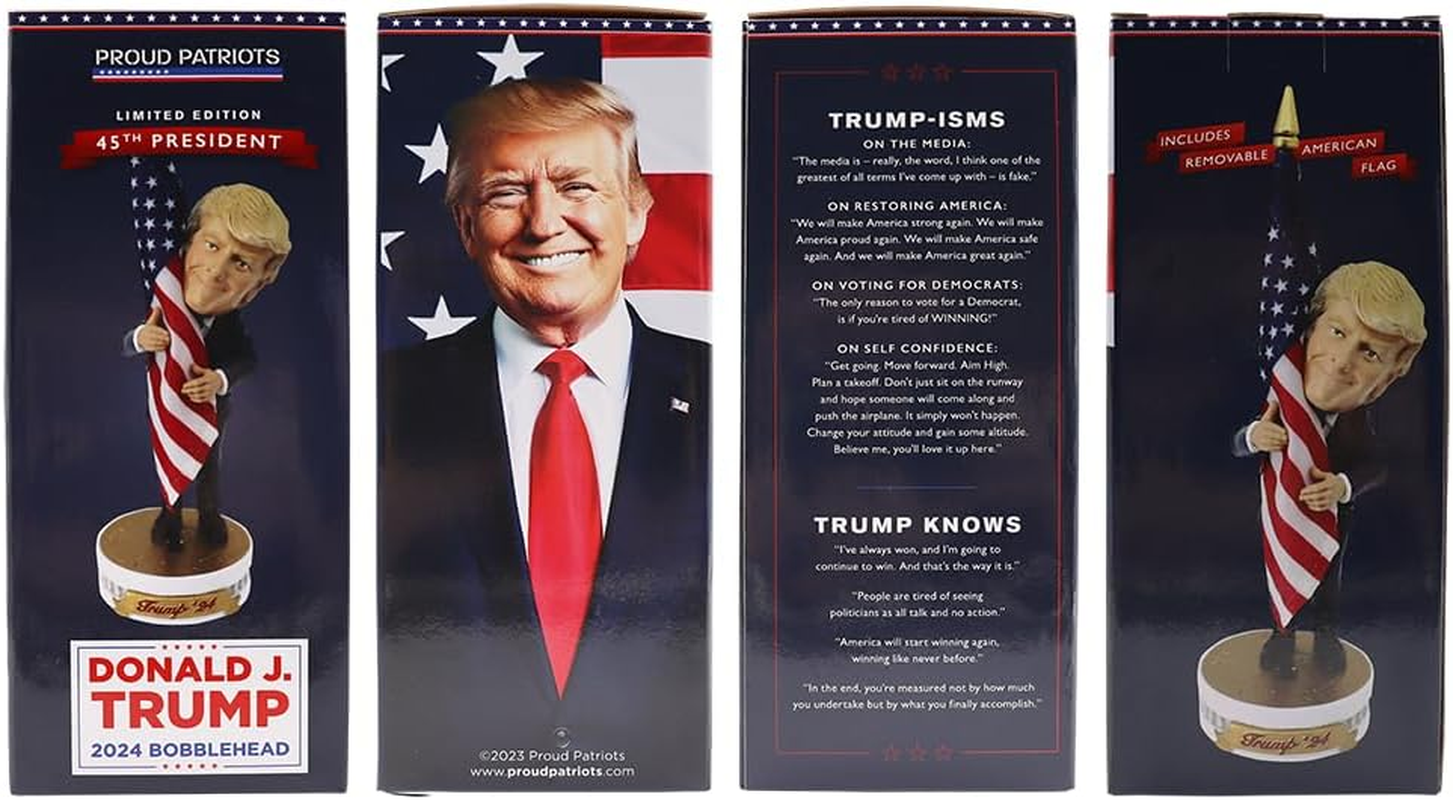 Proud Patriots Donald Trump Bobblehead | (Trump Holding American Flag - Cloth Flag Included)