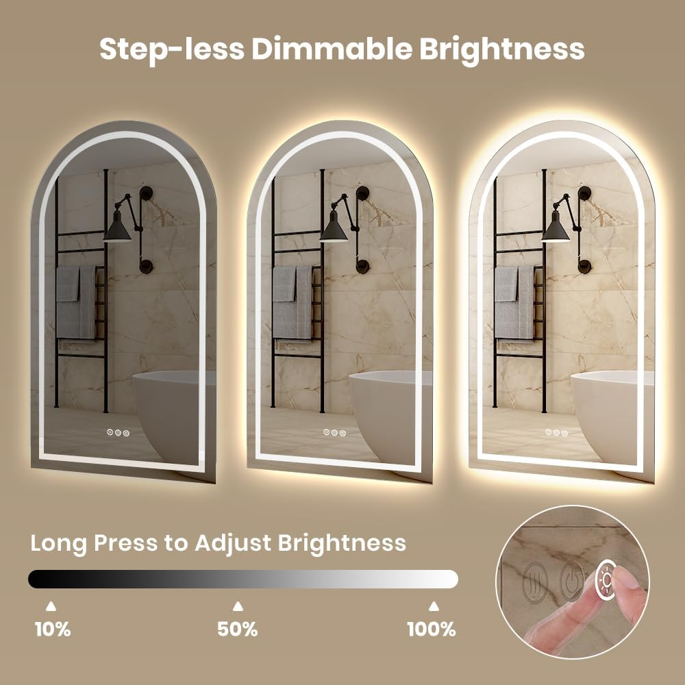 Simplus LED Bathroom Vanity Mirror Arch Mirrors Wall Light Vanity Shower Bathroom Make up Mirrors with anti Fog Smart Touch Switch Backlit and Front Light, 60X100Cm