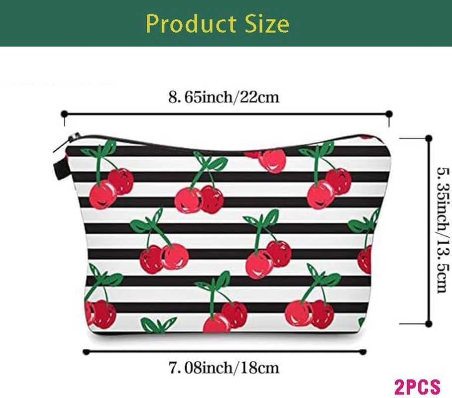 Cosmetic Bag 2Pcs Travel Makeup Case Small, Cosmetic Zipper Bag Waterproof Small Pouch for Purse Mini, Women Cute Traveling Accessories Pouch for Ladies(Stripes Cherry) image number 3