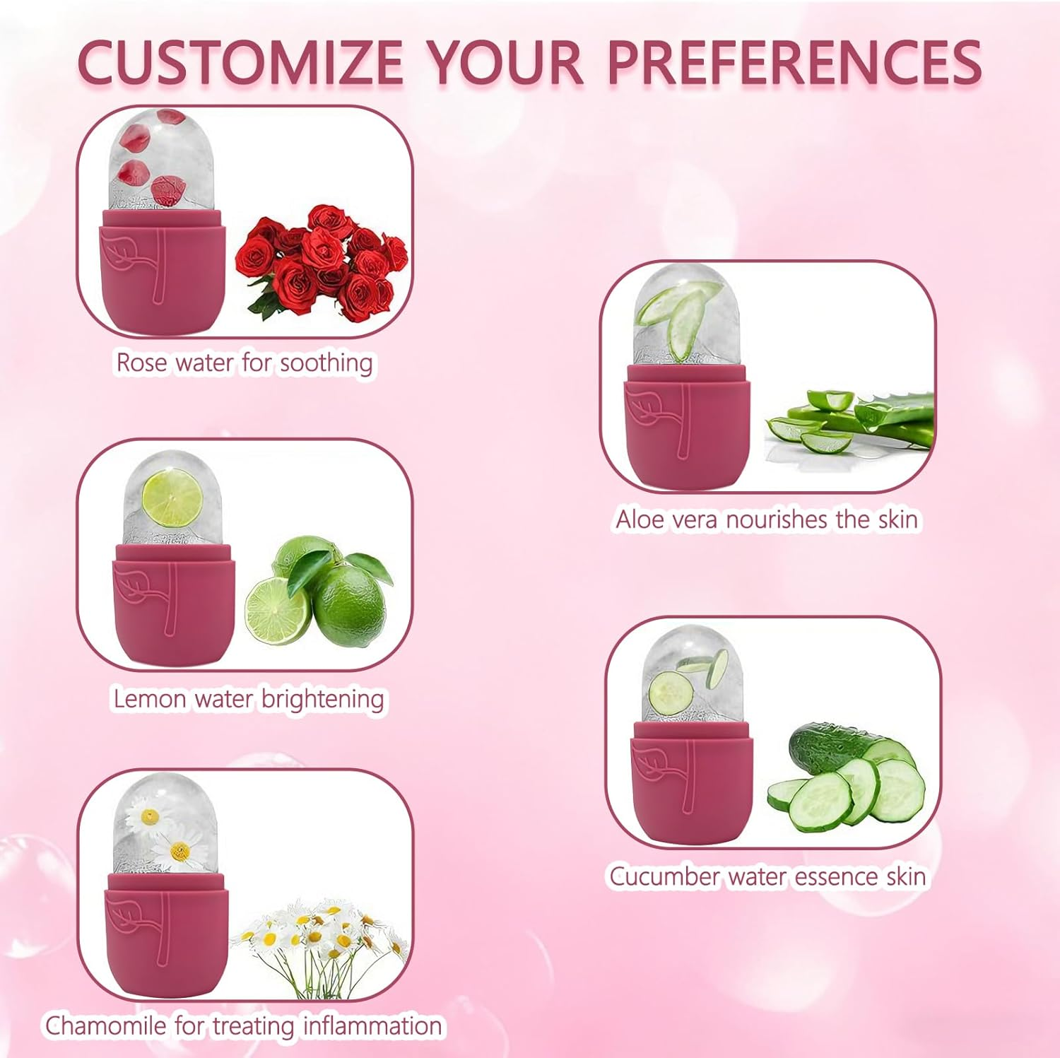 Ice Roller for Face, Eyes & Neck, Skin Care Tools, Silicone Ice Cube Massager for Skin Care, De-Puffing Eye Bags, Migraine Relief, Reusable Ice Mold for Face Massage (Rose Red & Pink) - Black  White image number 4