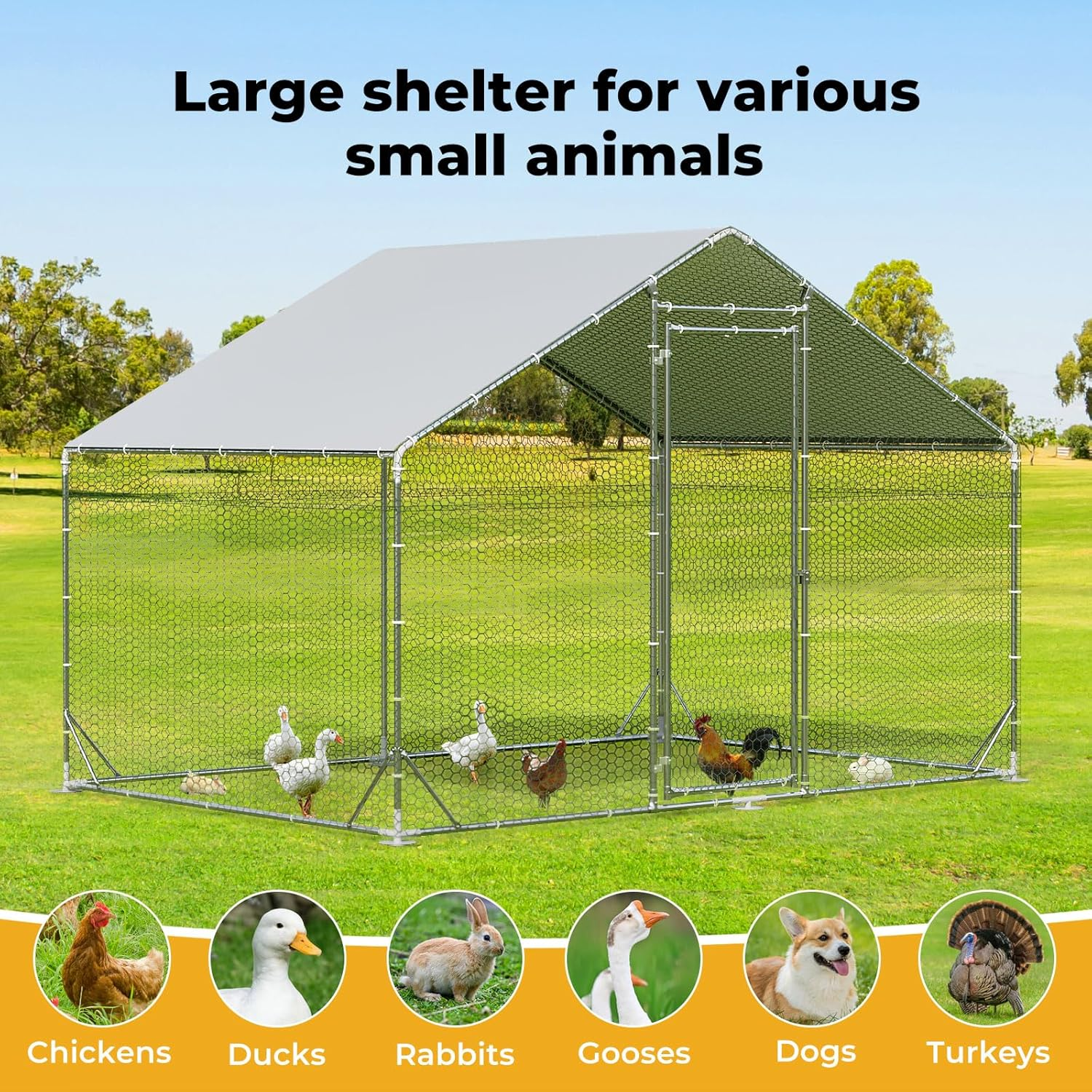 Pawz Chicken Coop Large Rabbit Hutch Pet Cage,Thick Galvanized Metal Hen House with Waterproof Sun-Protective Cover,Walk-In Poultry House Coops Hen Run Ferret Habitat Farm Enclosure,200X300X194Cm image number 5