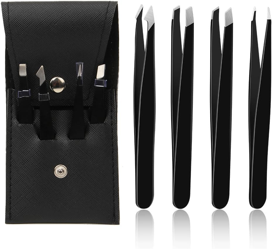 Eyebrow Tweezers Set - 4 Piece Stainless Steel Professional Tweezers for Eyebrows Facial Hair & Ingrown Hair Removal Splinter & Tick Remover False Eyelashes Tools for Men and Women (Black)