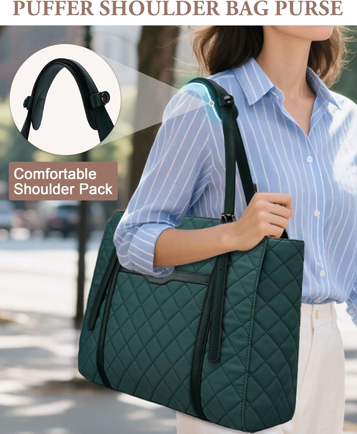 Quilted Laptop Bag for Women,Vaschy Puffer Work Tote Bag Office Briefcase Handbag Shoulder Bag for Business,Travel,College, Fits 15.6In Laptop - Green image number 5
