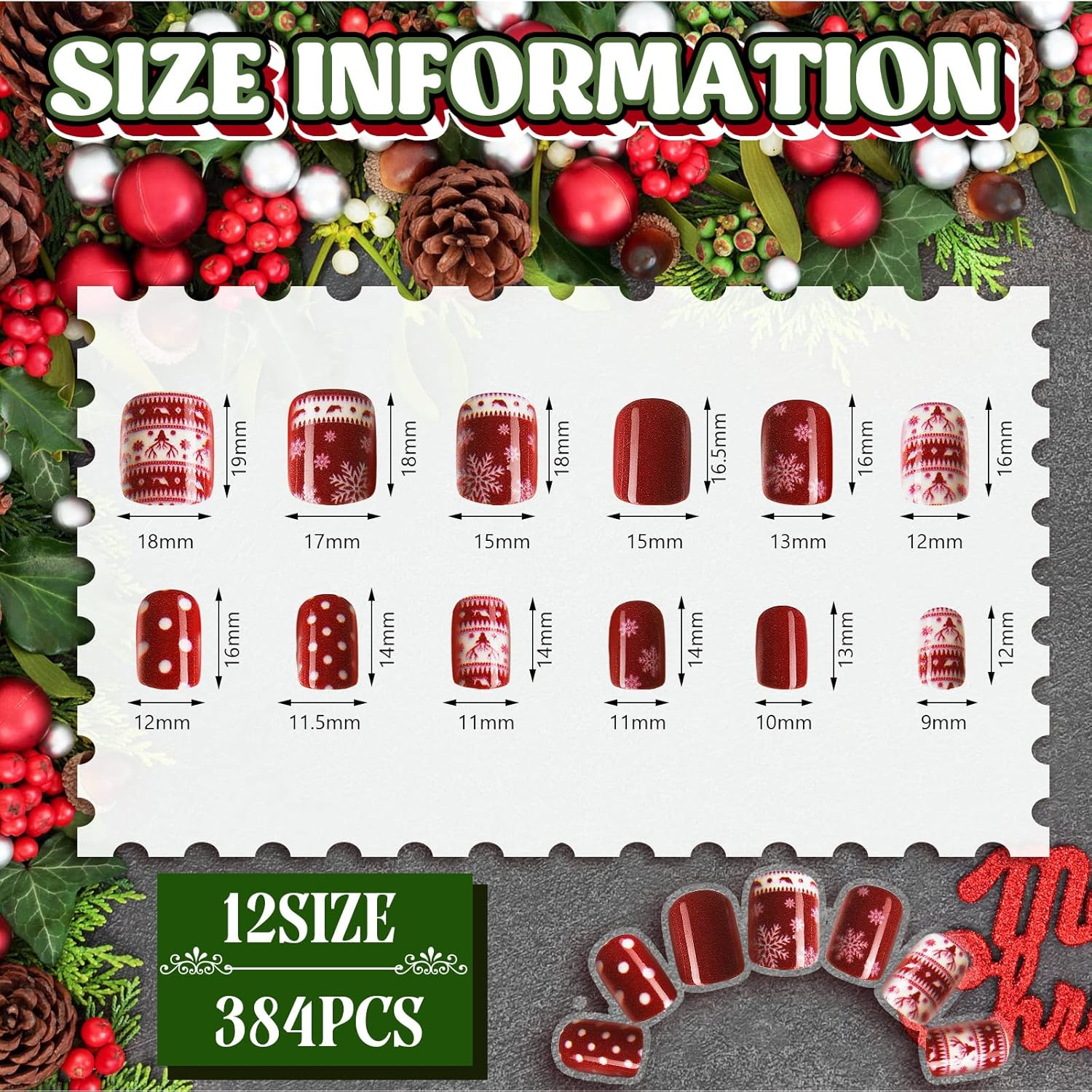 Kacctyen 384Pcs 16Pack Christmas Press on Nails Winter Square Short Red Fake Nails with Santa Elk Snowflake Pattern Glue on for Women Girls(Cute Pattern) image number 3