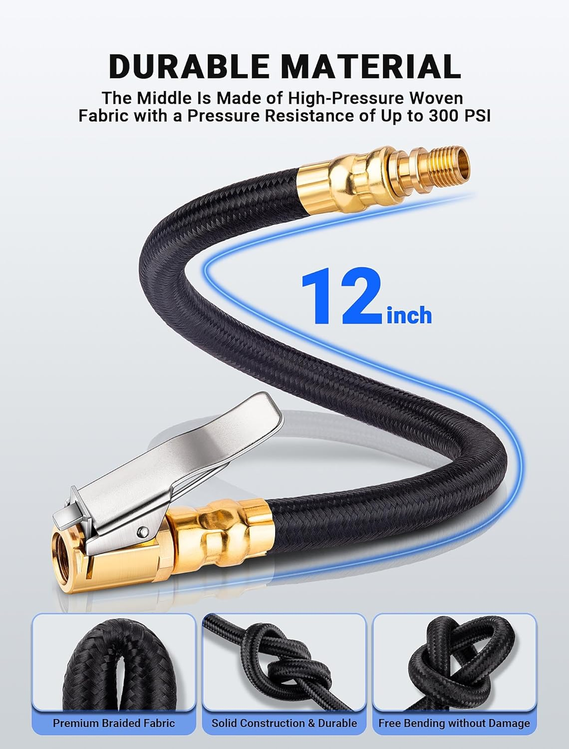 LUMITECO 12'' Tire Inflator Extension Hose, Tyre Pump Clip-On Air Chuck Adapter for Quick-Inflation Lock, High-Pressure Tube Quick Connect for Car Motorcycle Bicycle Maintenance Accessories image number 3
