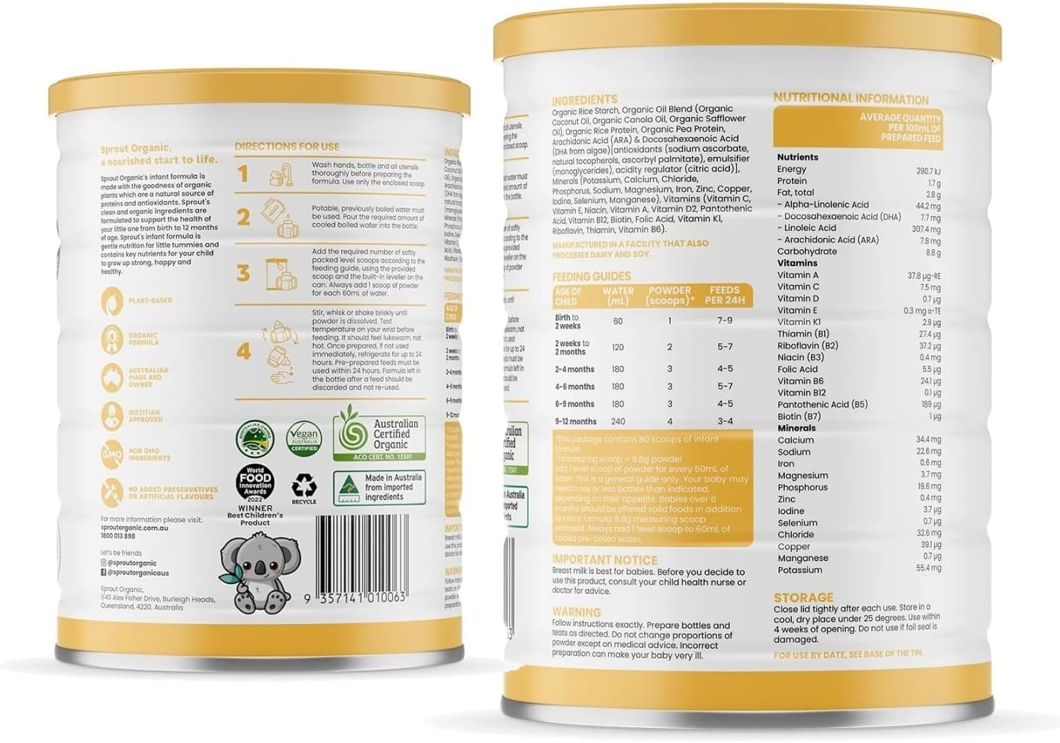 Sprout Organic Vegan Baby Formula, Plant-Based Baby Food for 0-12 Months, Foods Enriched with DHA, Dairy-Free, Soy-Free, Made in Australia (700G Tin) image number 1