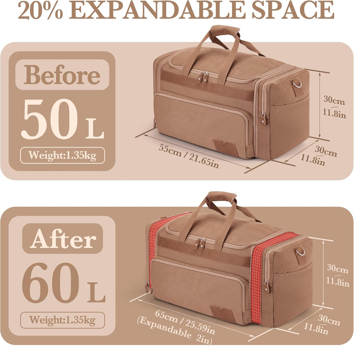 SHOWKOO Duffle Bag for Travel 60L Expandable Canvas Travel Bag Durable Vintage Weekender Overnight Carry on Bag, Khaki, Large-60L, Vintage image number 1