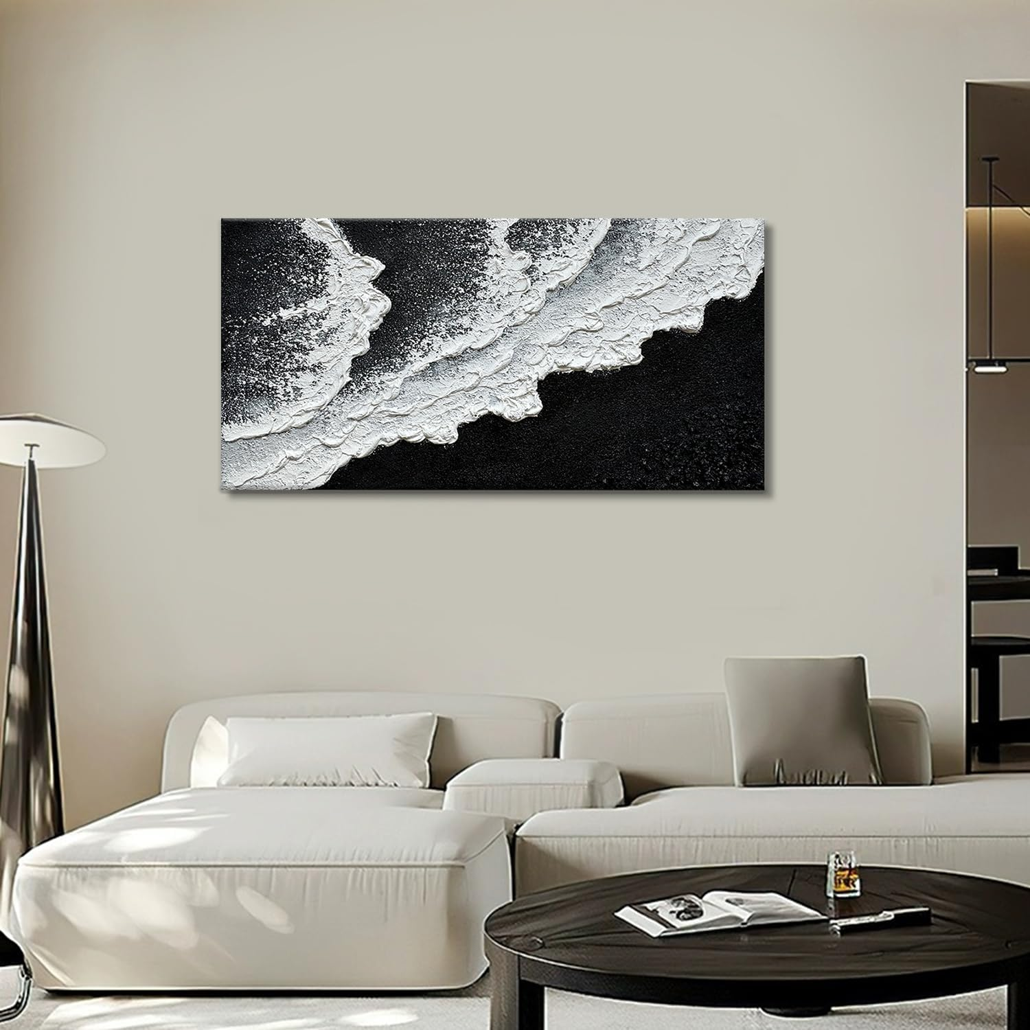 Black and White Beach Wave Textured Wall Art 3D Oil Painting Hand Painted Abstract Canvas Framed 40X20 Inch Acrylic Painting image number 5