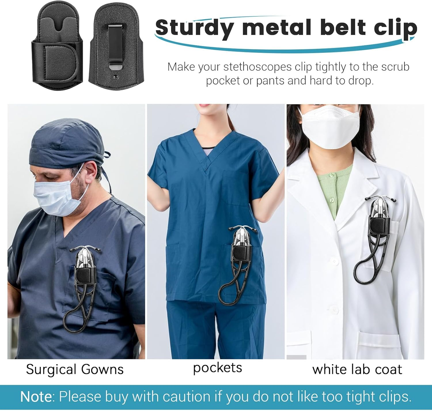 PU Stethoscope Holster, Universal Stethoscope Holder, Stethoscope Holder Hip Clip, Sturdy Stethoscope Holder for Scrubs, Black Stethoscope Accessories (Black) image number 5