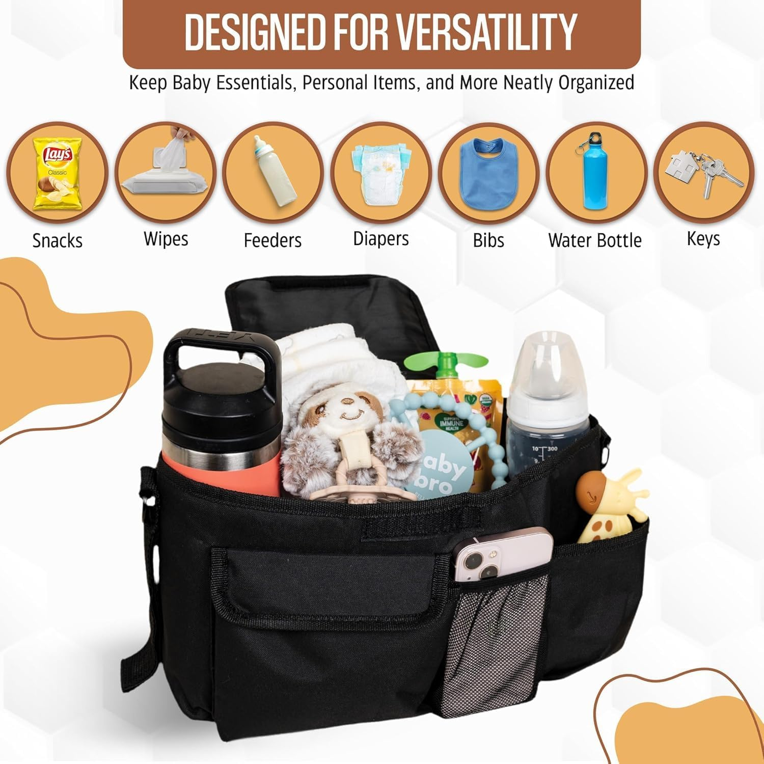 Universal Stroller Organizer with Cup Holder, Large Capacity Stroller Caddy, Non-Slip Secure Hooks Accessories(Black) image number 1