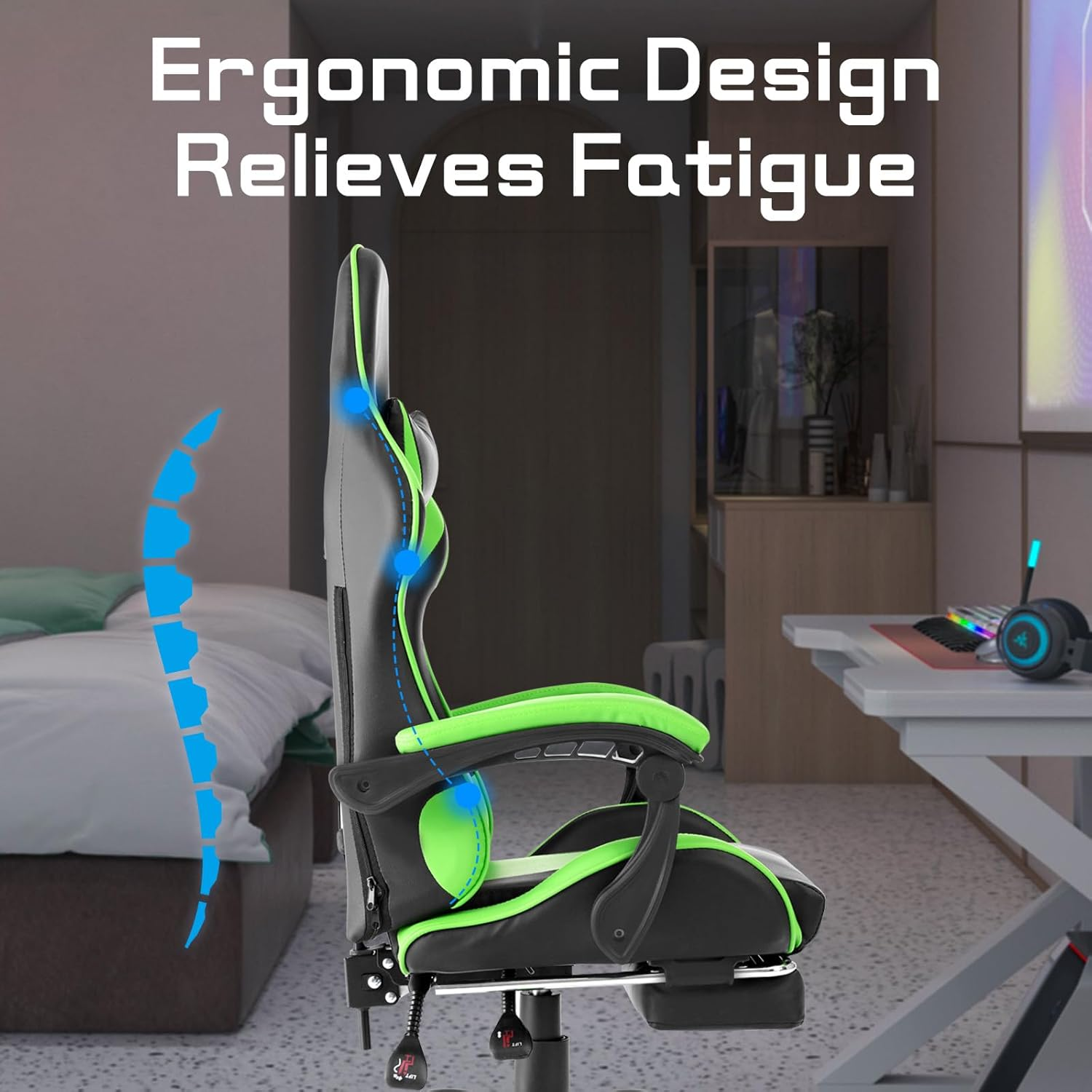 PU Leather Ergonomic Gaming Chair with Footrest Computer Racing Chair Reclining Executive Office Chair Desk Chair for Adults Teens in Green & Black image number 5