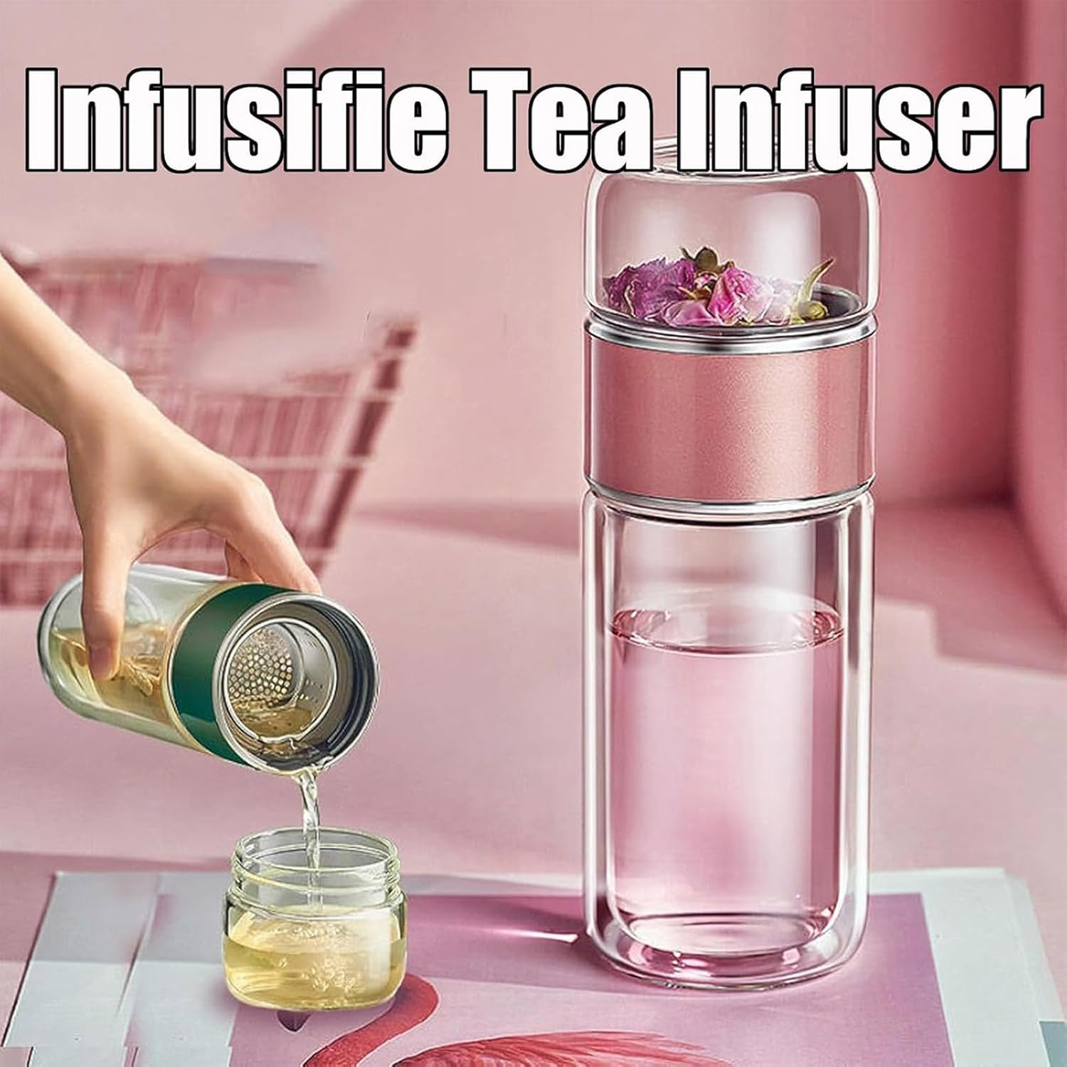 Infusifie Glass Tea Infuser Bottle - Portable Loose Leaf Tea Steeper and Maker with Water Separation Cup (500Ml, P)