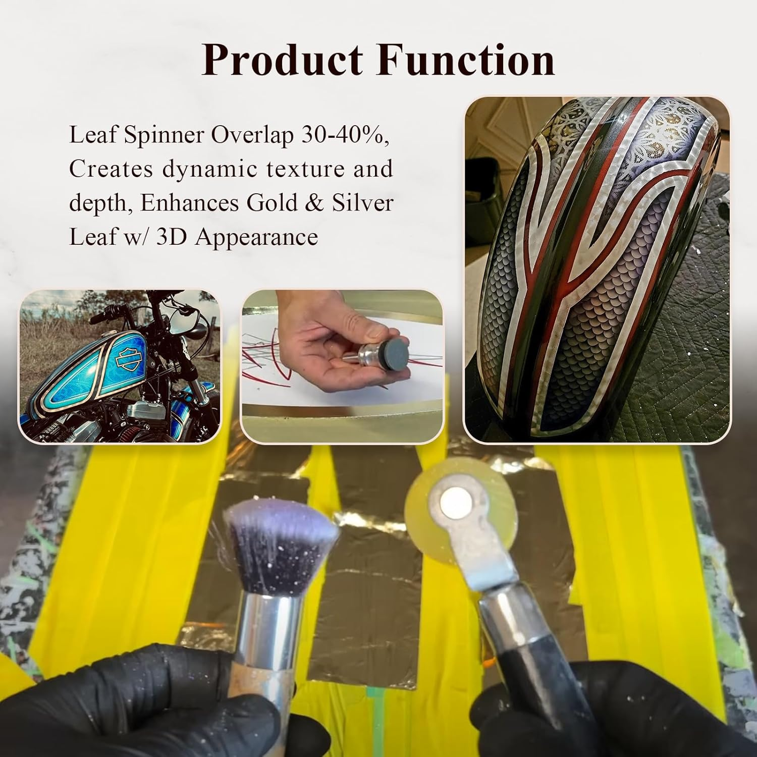 1"&2" Leaf Seam Roller, Smoothing Tool, Dusting Brush, for Spin-Able Automotive Grade Metal Leafing (Roller&Duster), 1" Leaf Spinner Tool Unlock 3D Effects, Enhances Gold&Silver Leaf W/ 3D Appearance