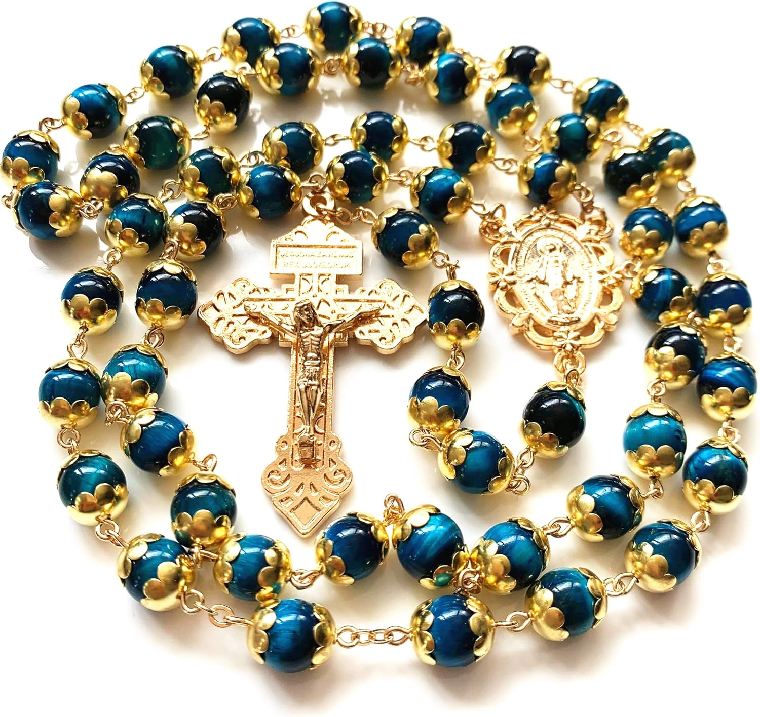 Elegantmedical HANDMADE Tiger Eye Prayer Beads Catholic Rosary Necklace Gift Box Italy Crucifix Gold