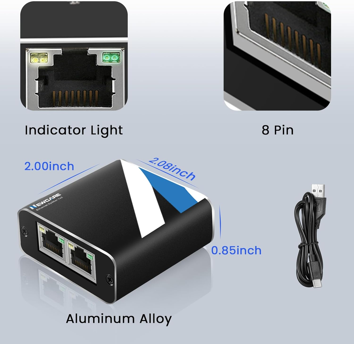 RJ45 Ethernet Splitter 1 to 2 Out, NEWCARE 1000Mbps Network Splitter with USB Power Cable, Gigabit LAN Splitter Connector for Cat 5/5E/6/7/8 (Black) image number 3