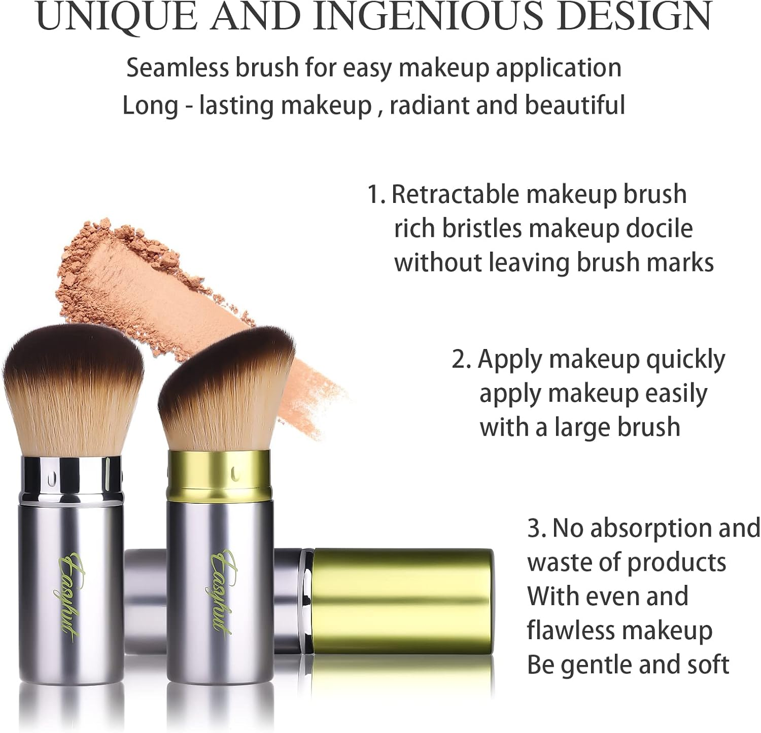 Retractable Kabuki Makeup Brushes 2 Pcs Blush Brushes Set Portable Powder Brushes with Flat and Angled Top for Liquid Cream Cosmetics Travel. (Silver Green)