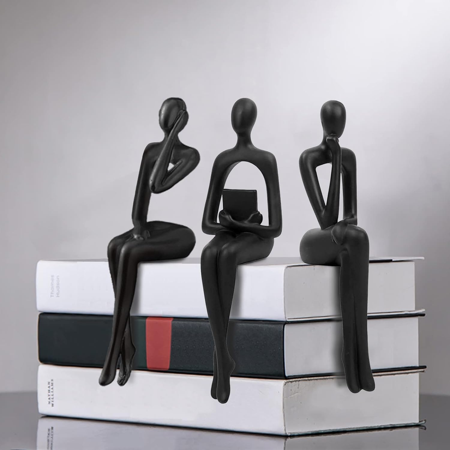 3PCS Modern Decor Sitting Thinker Abstract Art Sculpture, Collectible Resin Statue, Figurines Accent Home for Office Desktop (Black)