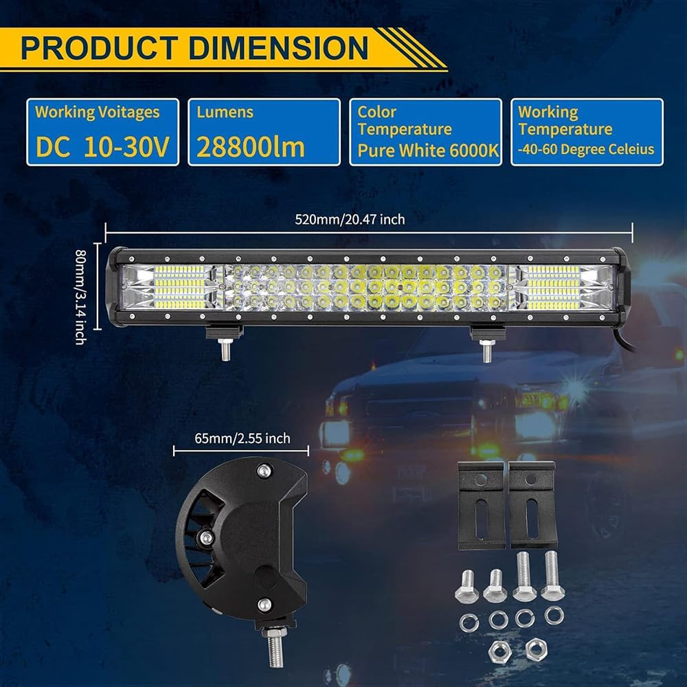 LED Light Bar, 51CM 288W Led Light Bar with Wiring Harness, Flood Spot Combo Beam, Driving Work Lamp for 4X4 Truck Tractor Boat Car ATV UTV SUV, 6000K 9V 32V IP67 White image number 5