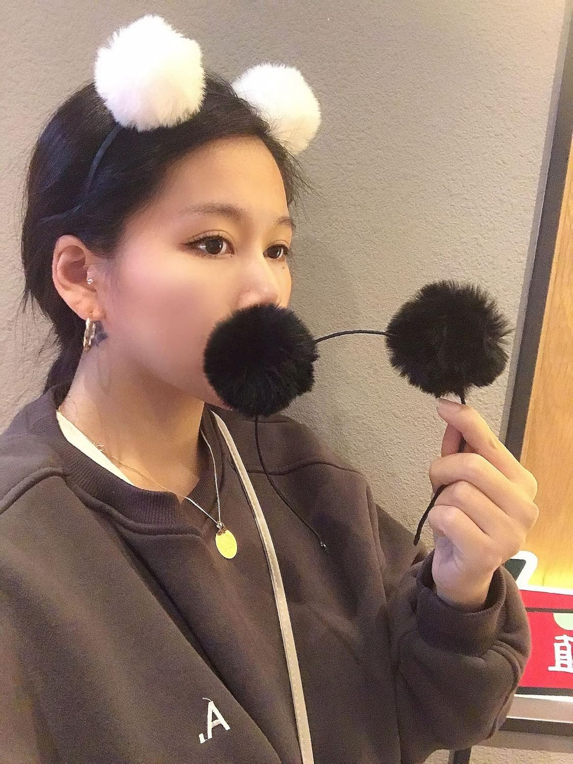 OHEETU 3 Pcs Panda Ears Headband Fluffy Pom Pom Hair Hoop Costume Party Head Wear Accessories for Halloween Christmas Birthday (Black+White+Pink) image number 5