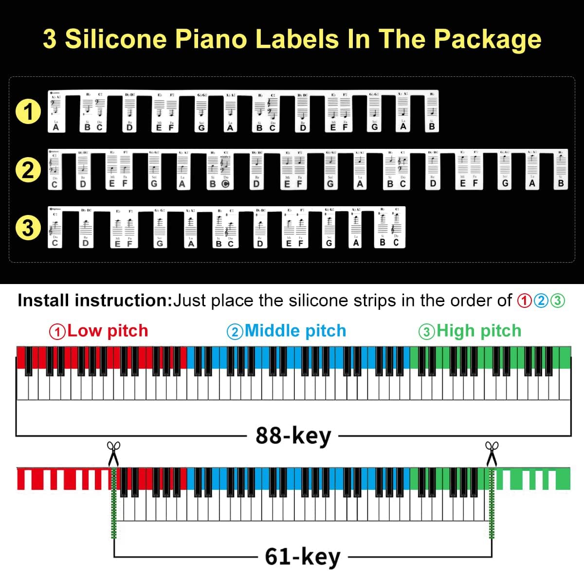 Vitoler Removable Piano Keyboard Note Labels,88 Keys Piano Keyboard Stickers,Silicone Keyboard Stickers for Beginners image number 5
