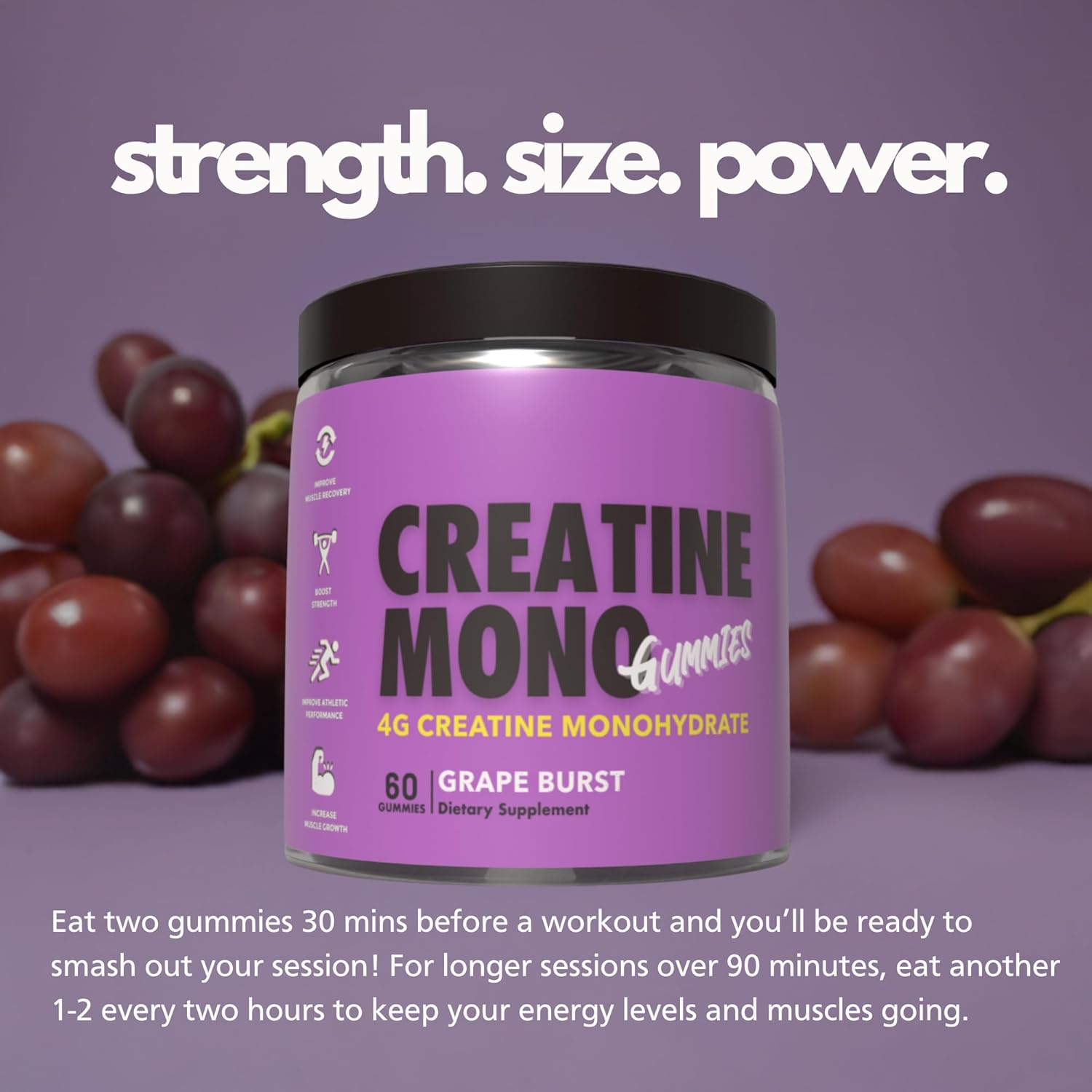 Creatine Monohydrate Gummies for Muscle Endurance, Growth and Power | Convenient Pre-Workout Supplement Grape Flavour, 4000Mg per Serve, 60 Pieces, 30 Serves - the Gummy Lab image number 6